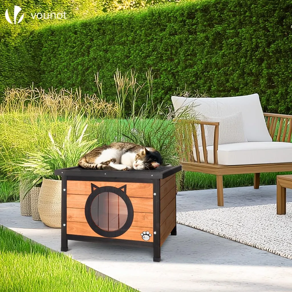 VOUNOT Casetta per Gatti in Legno con Design Orecchie di Gatto, Cuccia da Esterno e Interno 57 x 45 x 43 cm - immagine 2