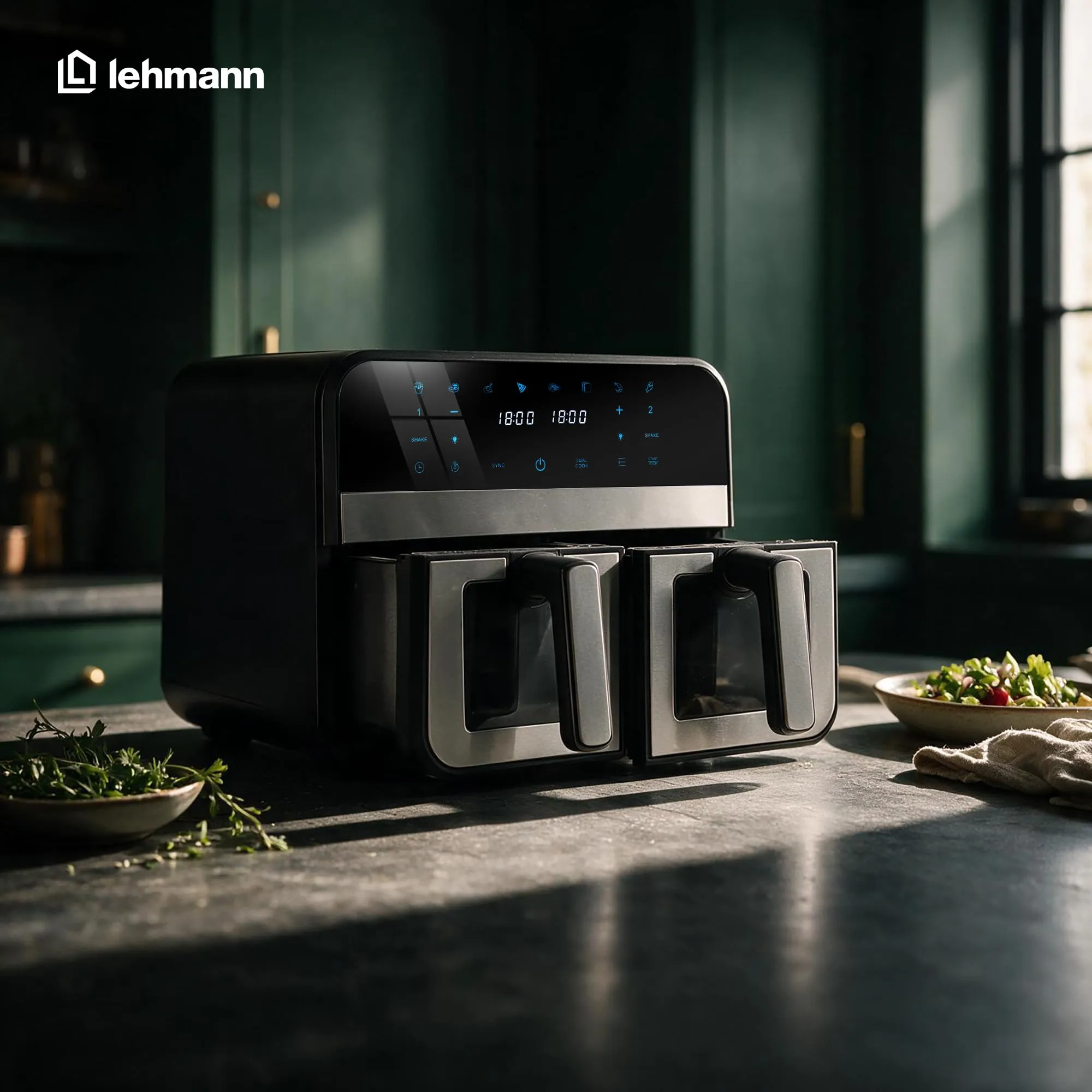 LEHMANN Friggitrice ad Aria Doppio Cestello XXL 2400W, 2 Cassetti da 4,5L con Finestra, 12 Programmi, Controllo WiFi e Schermo Touch - immagine 2