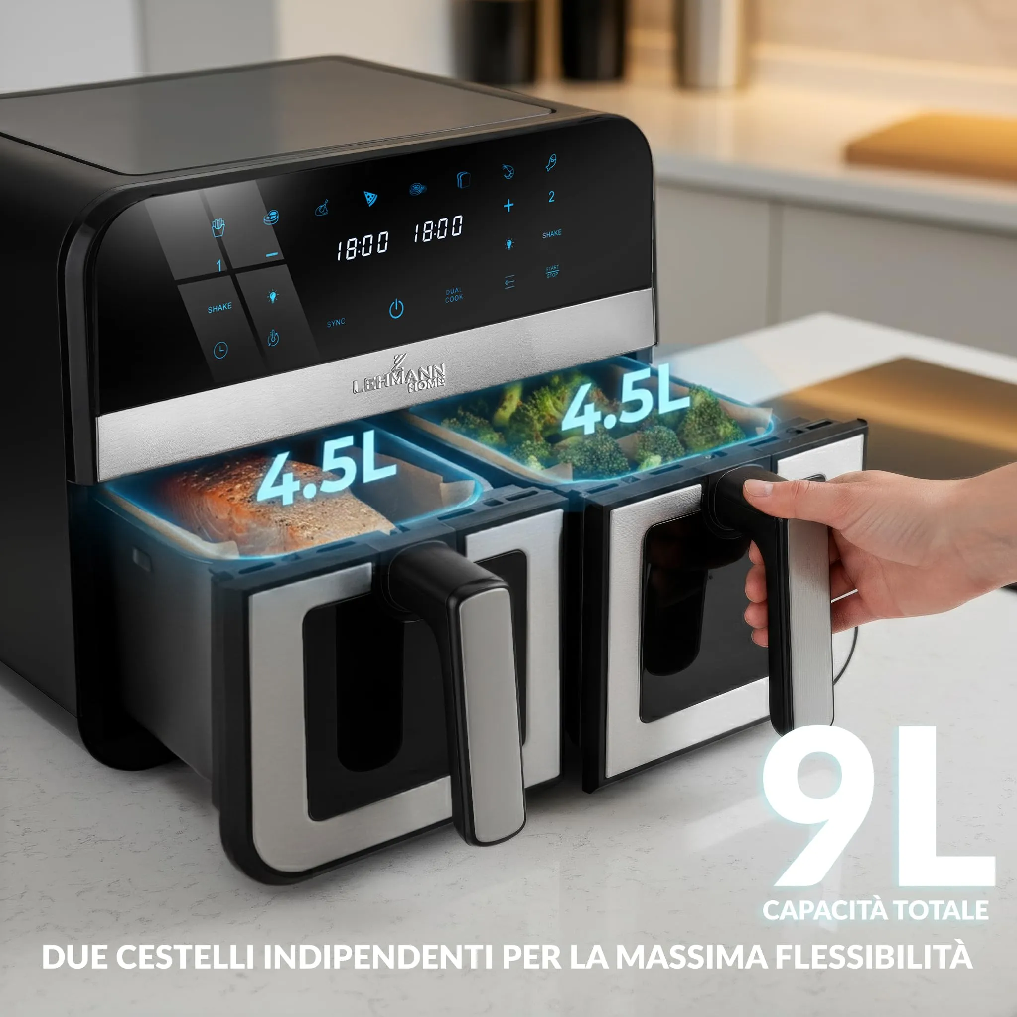 LEHMANN Friggitrice ad Aria Doppio Cestello XXL 2400W, 2 Cassetti da 4,5L con Finestra, 12 Programmi, Controllo WiFi e Schermo Touch - immagine 4