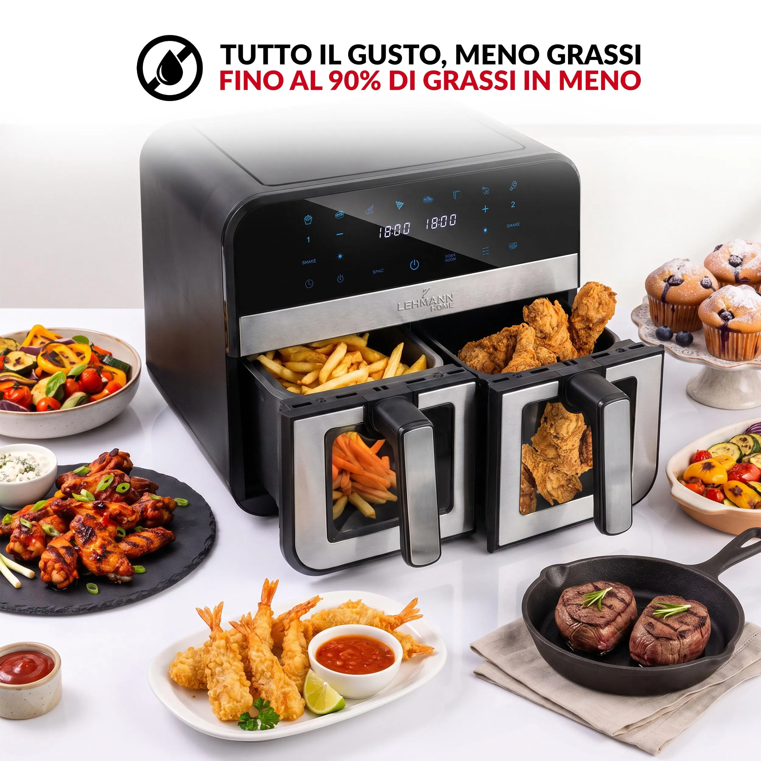 LEHMANN Friggitrice ad Aria Doppio Cestello XXL 2400W, 2 Cassetti da 4,5L con Finestra, 12 Programmi, Controllo WiFi e Schermo Touch - immagine 7