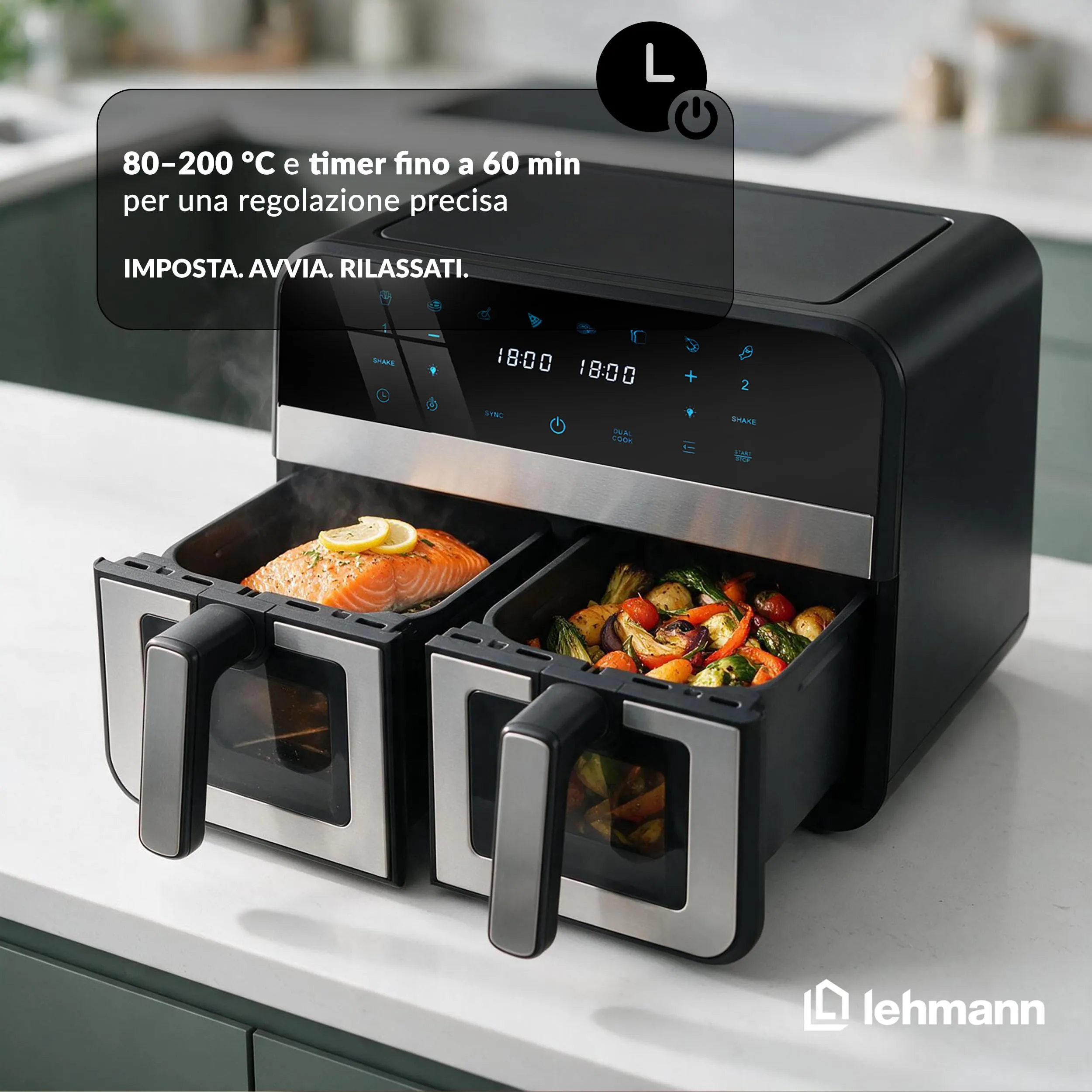 LEHMANN Friggitrice ad Aria Doppio Cestello XXL 2400W, 2 Cassetti da 4,5L con Finestra, 12 Programmi, Controllo WiFi e Schermo Touch - immagine 8