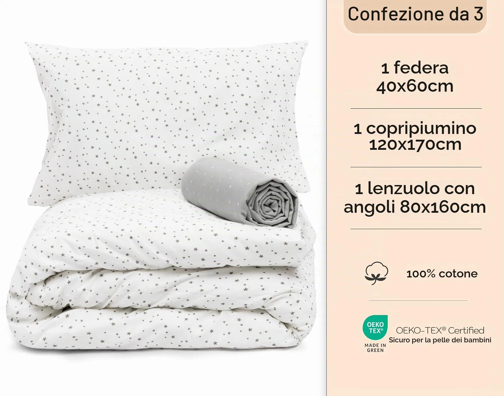 Lovely Hippo Set di Biancheria Letto per Bambini 3 Pezzi, Costellazione Grigia, Letto 80x160cm (Lenzuolo con Angoli 80x160 cm, Copripiumino 120x170 cm, Federa 40x60 cm) - immagine 2