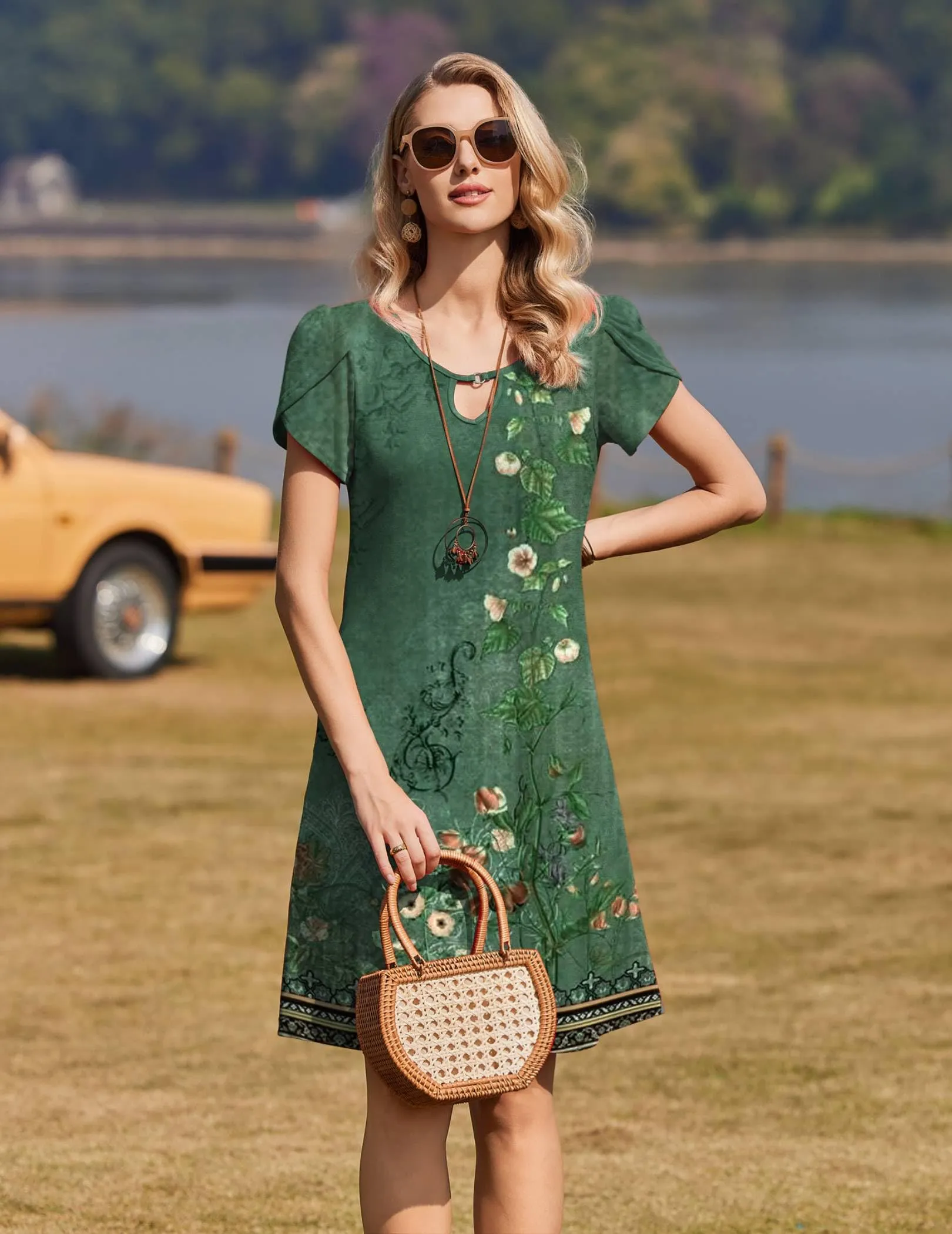 Zeagoo Abito Casual da Donna Floreale a Maniche Corte con Tasche, S - immagine 3