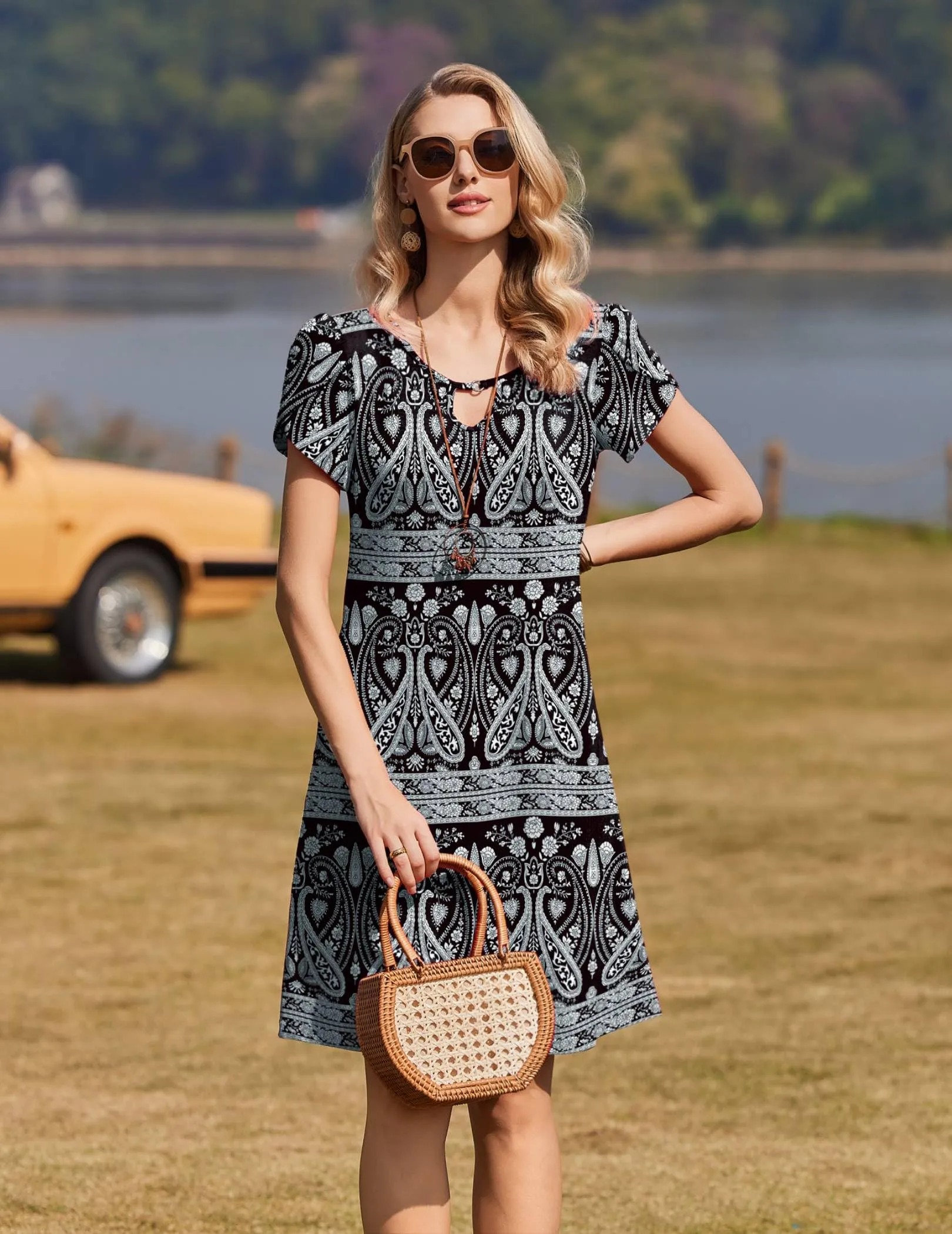 Zeagoo Abito casual da donna floreale a maniche corte con tasche, S - immagine 3