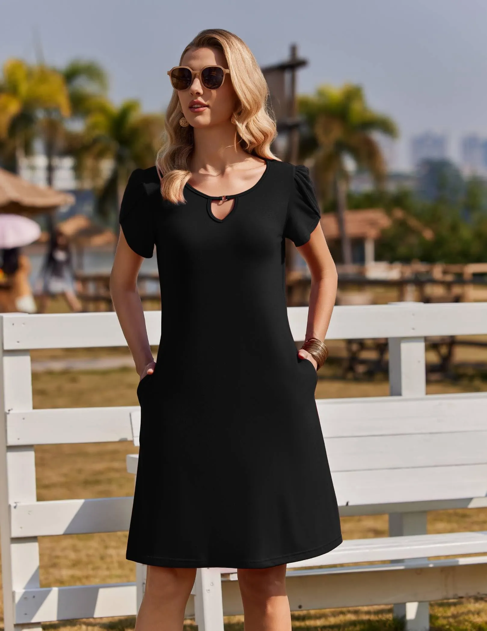 Zeagoo Abito casual da donna svasato con tasche, floreale, maniche corte, Nero, XL - immagine 4