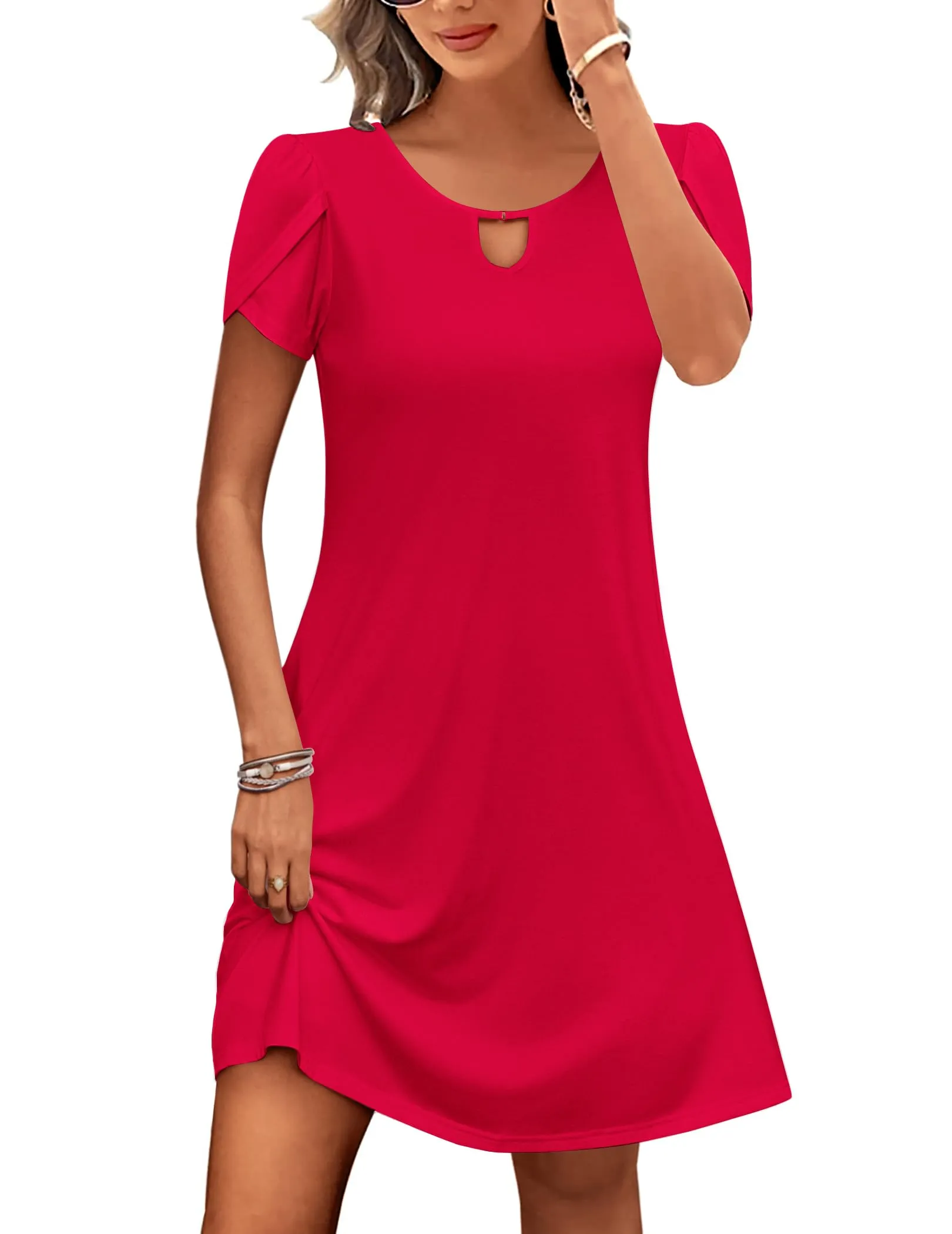 Zeagoo Abito Casual da Donna Svasato con Tasche, Estivo Floreale a Maniche Corte, Rosso, L - immagine 1