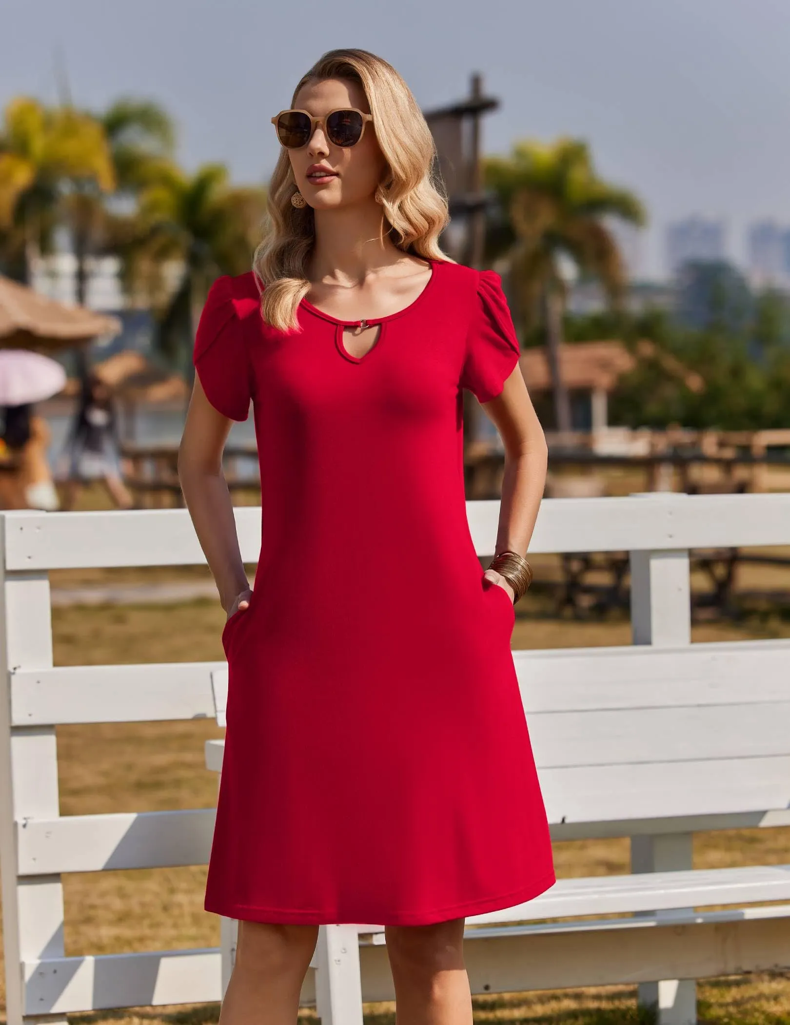 Zeagoo Abito casual da donna floreale a maniche corte, Rosso, XXL - immagine 4