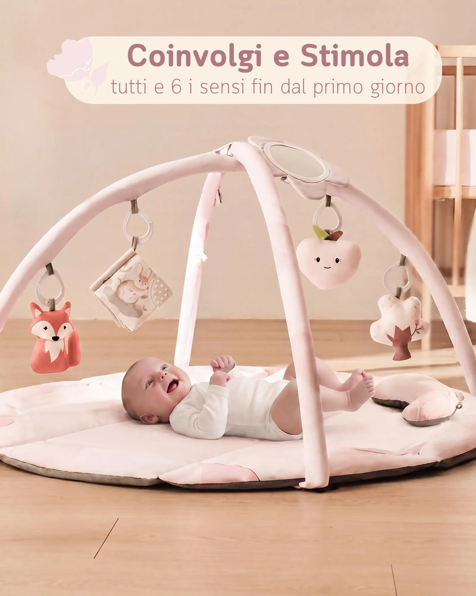 Fortella Palestrina Neonato Evolutiva, Tappetino Gioco con 5 Giocattoli Sensoriali, Specchio e Cuscino (Rosa) - immagine 2