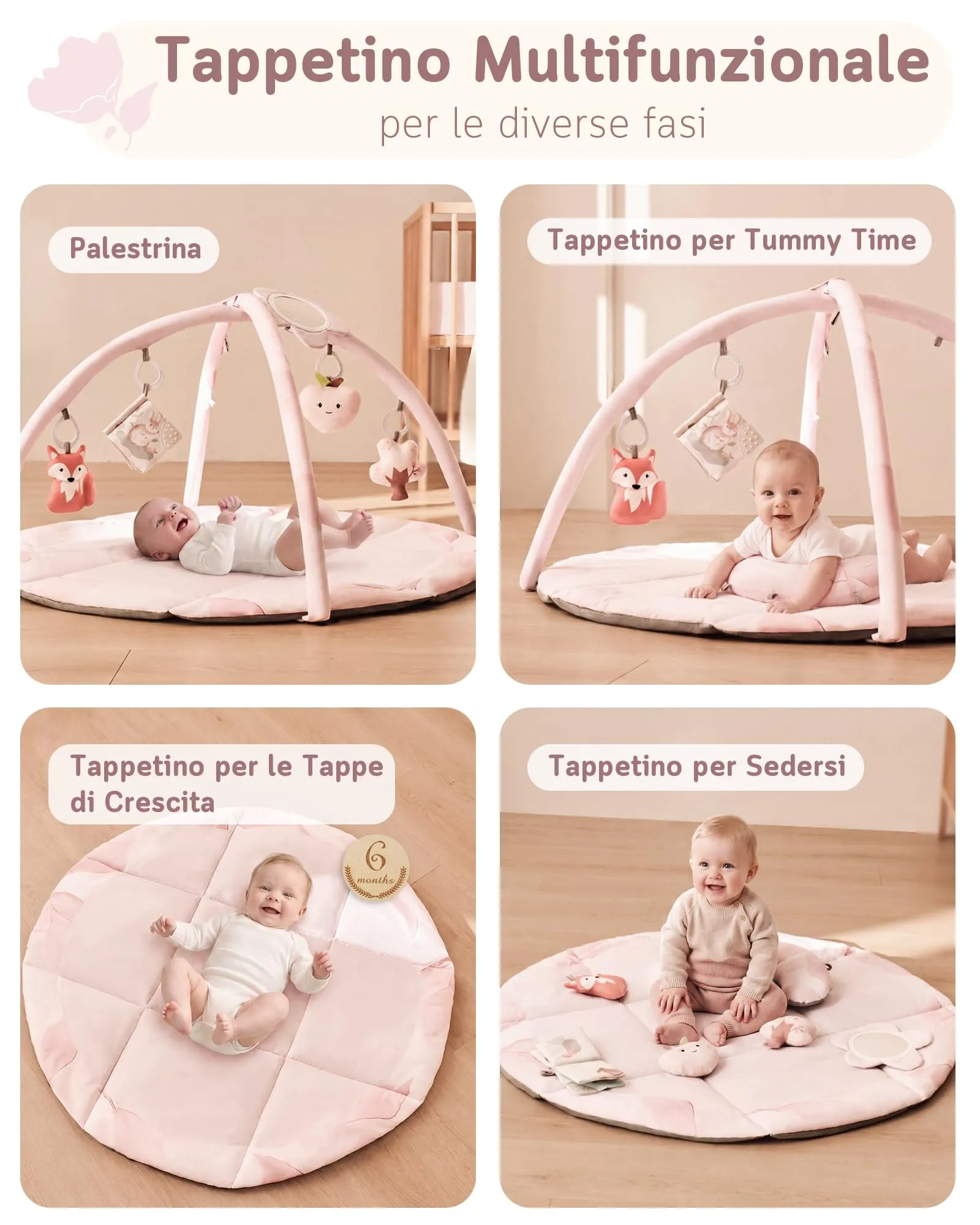 Fortella Palestrina Neonato Evolutiva, Tappetino Gioco con 5 Giocattoli Sensoriali, Specchio e Cuscino (Rosa) - immagine 4
