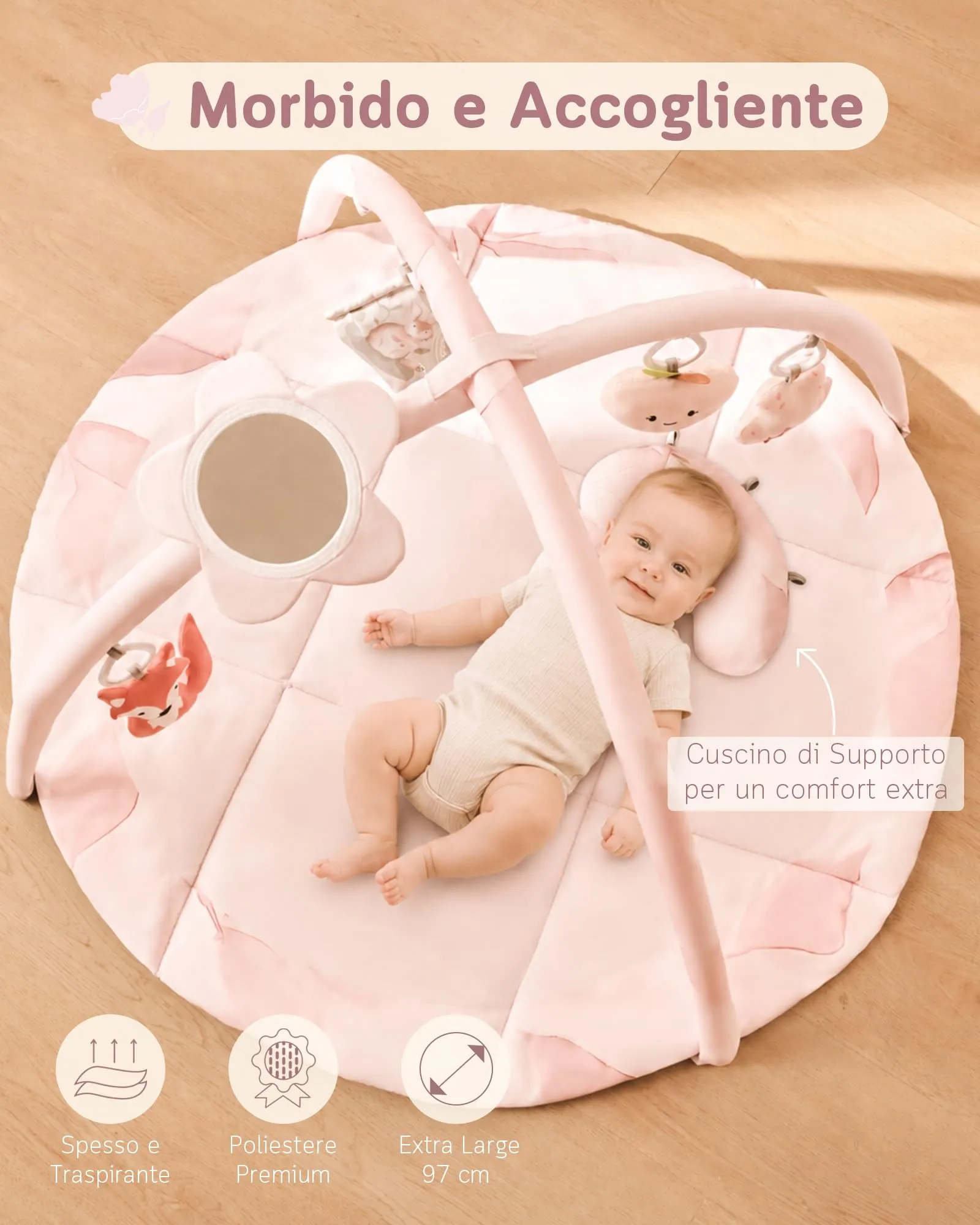 Fortella Palestrina Neonato Evolutiva, Tappetino Gioco con 5 Giocattoli Sensoriali, Specchio e Cuscino (Rosa) - immagine 5