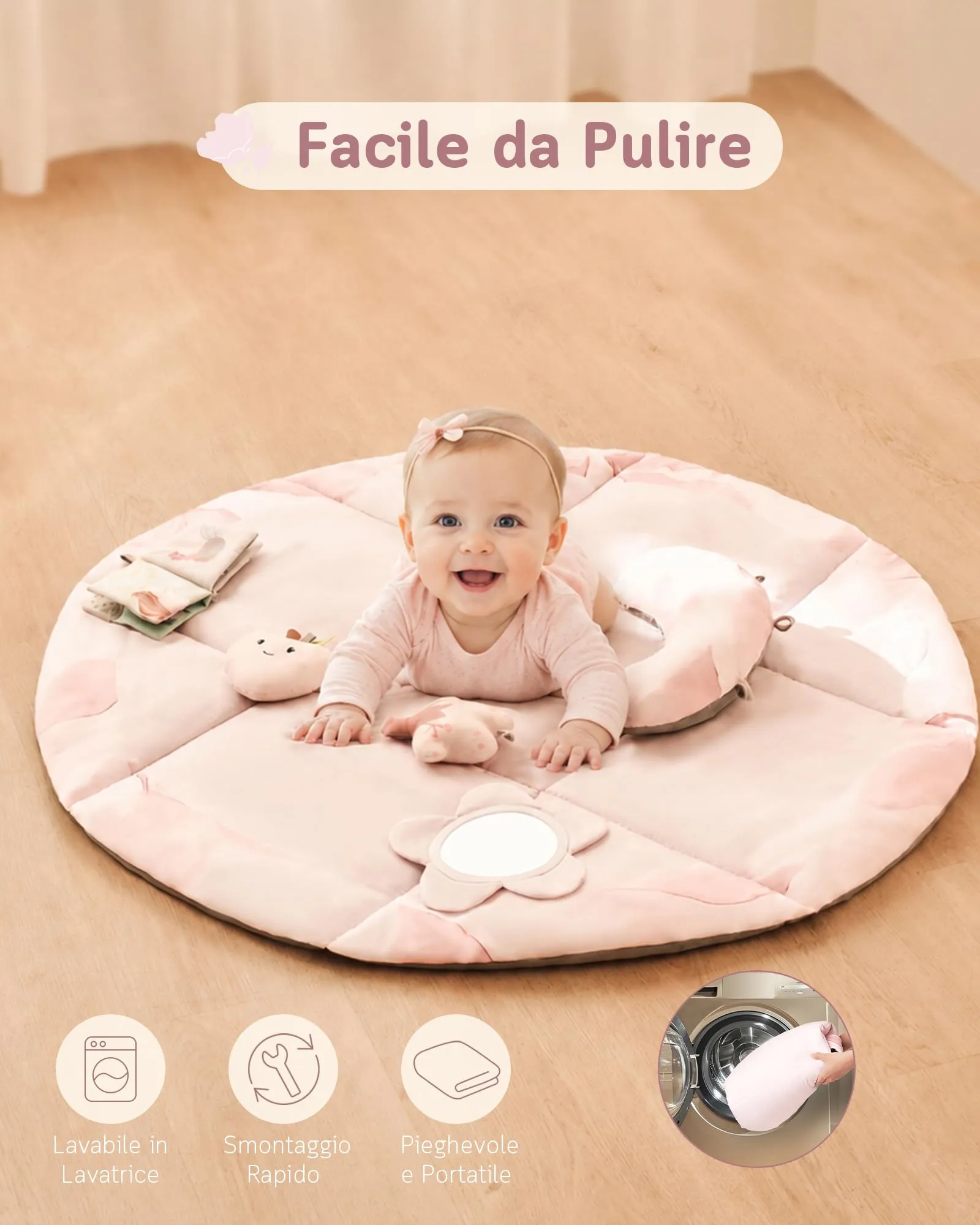 Fortella Palestrina Neonato Evolutiva, Tappetino Gioco con 5 Giocattoli Sensoriali, Specchio e Cuscino (Rosa) - immagine 6