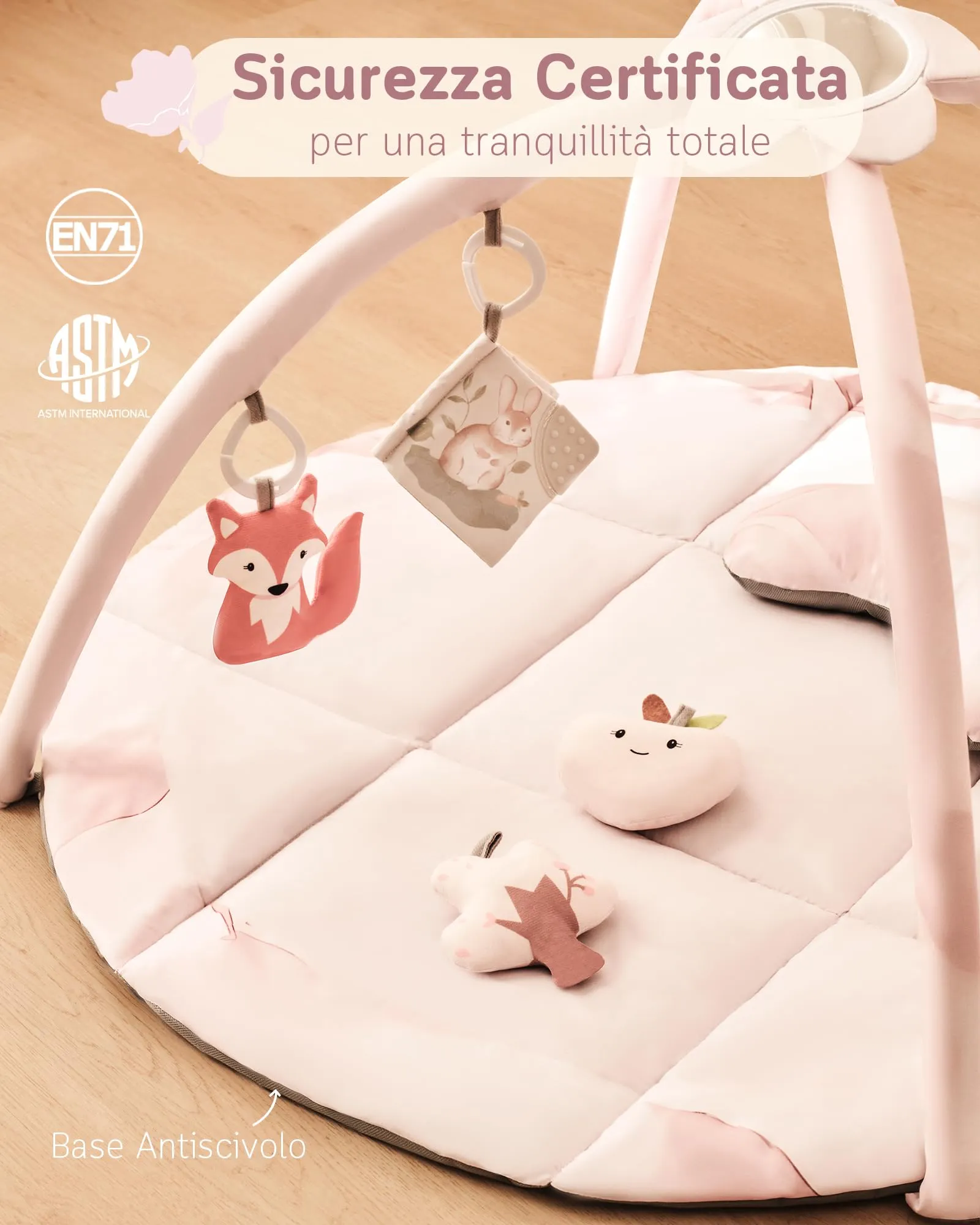Fortella Palestrina Neonato Evolutiva, Tappetino Gioco con 5 Giocattoli Sensoriali, Specchio e Cuscino (Rosa) - immagine 7