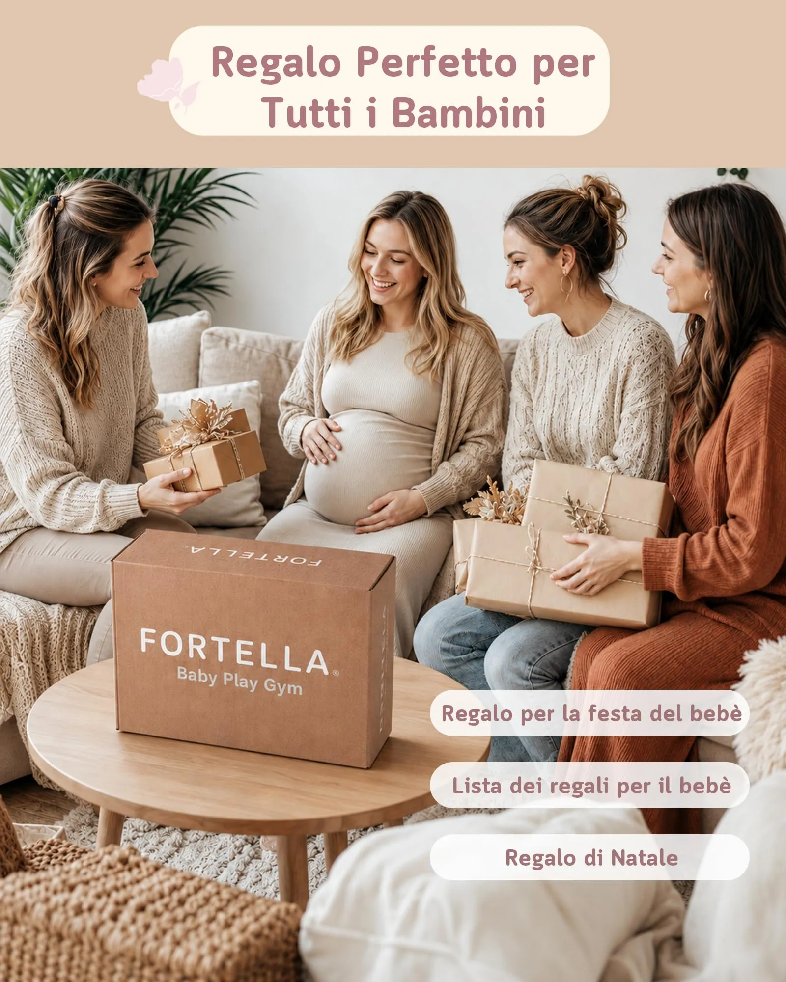 Fortella Palestrina Neonato Evolutiva, Tappetino Gioco con 5 Giocattoli Sensoriali, Specchio e Cuscino (Rosa) - immagine 8