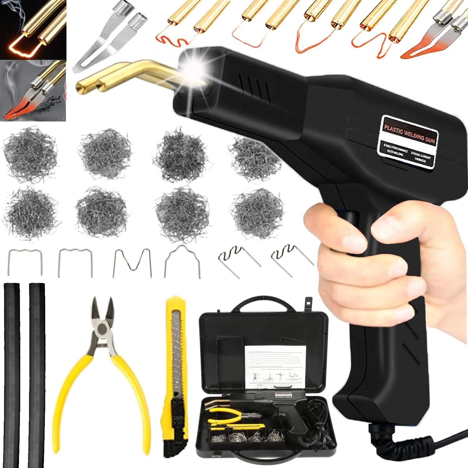 HYHJMISTY 220W Saldatrice Plastica per Riparazione Paraurti Auto con 800 Chiodi di Saldatura, 2 Bacchette, Pinze e Coltello, Nero - immagine 1