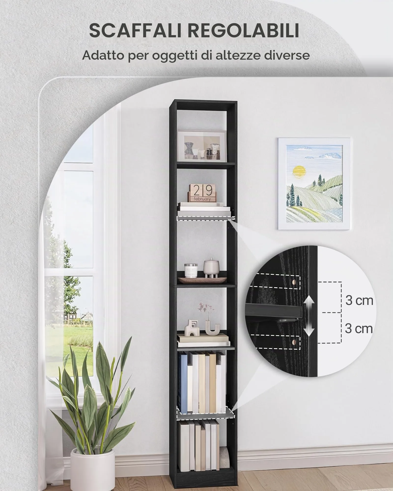 Hzuaneri Libreria a 6 Ripiani, 24 x 30 x 183 cm, Nero - immagine 2