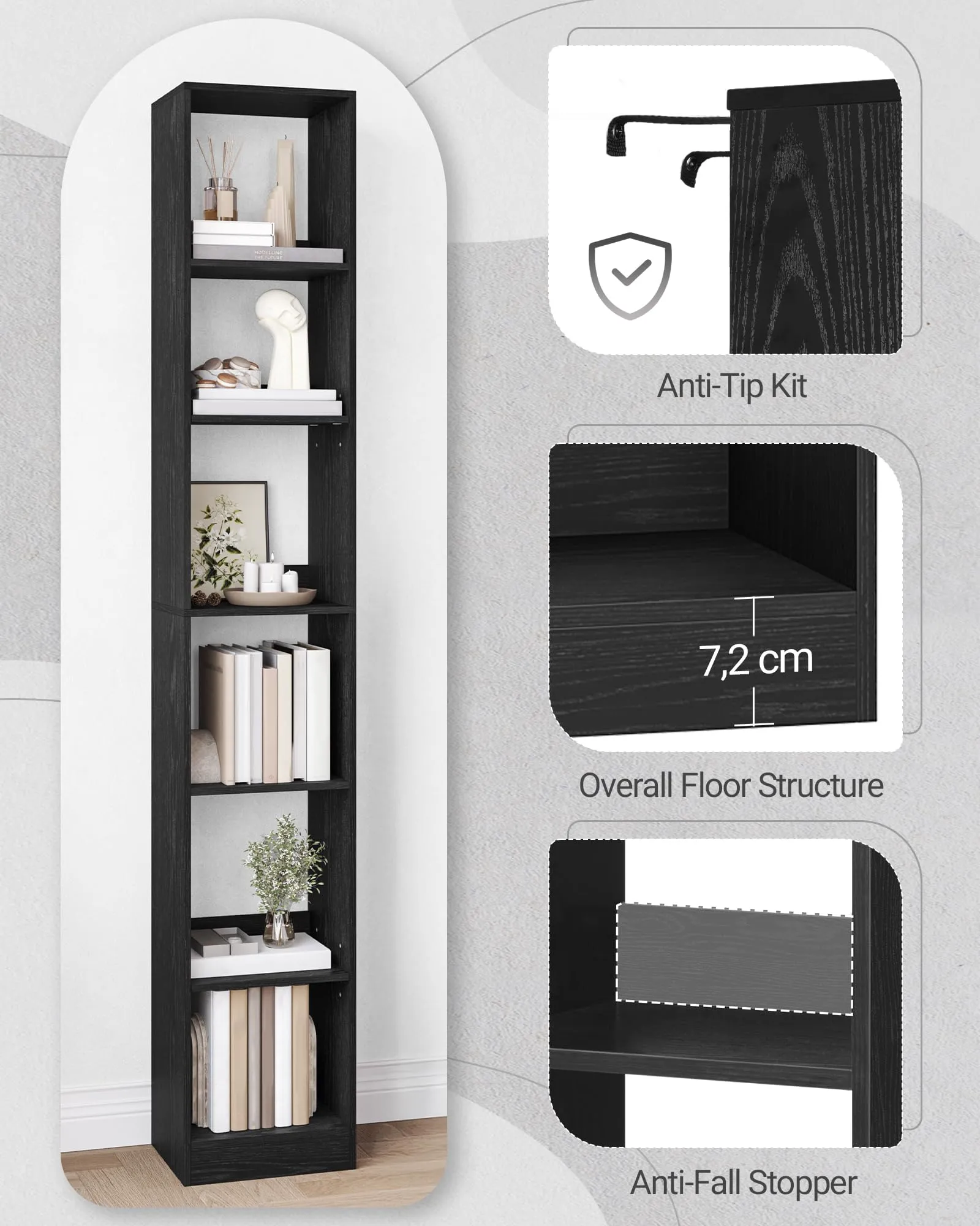 Hzuaneri Libreria a 6 Ripiani, 24 x 30 x 183 cm, Nero - immagine 6