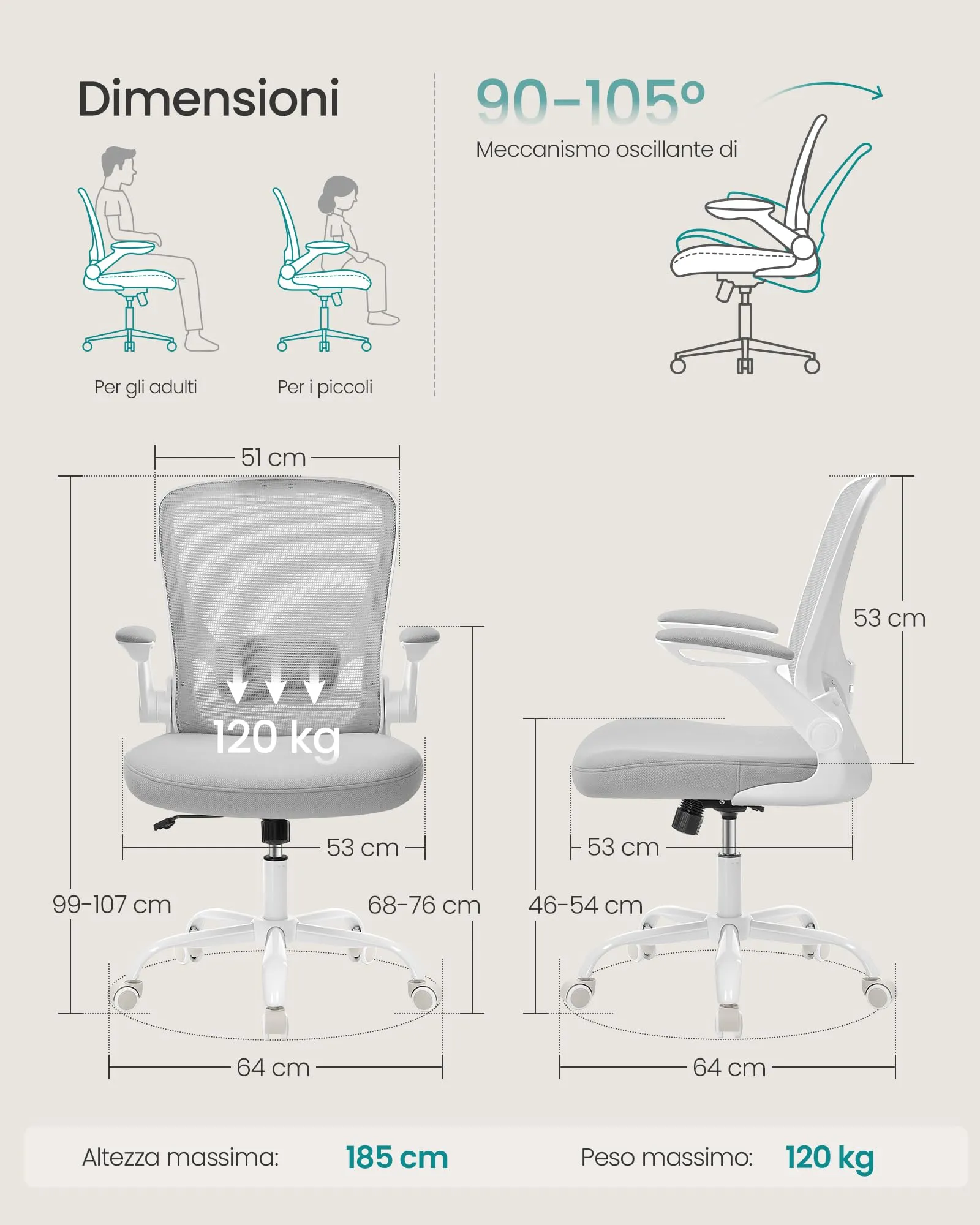 SONGMICS Sedia da Ufficio Girevole Ergonomica in Rete con Supporto Lombare, Braccioli Pieghevoli, Grigio Tortora OBN037G02 - immagine 2