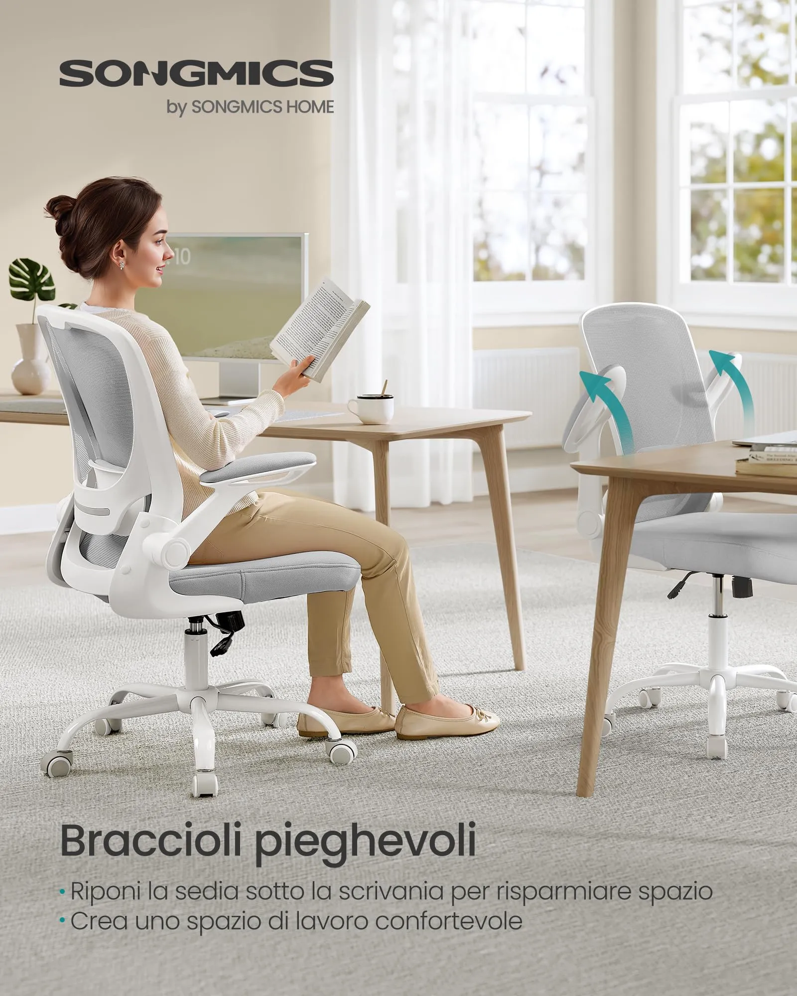 SONGMICS Sedia da Ufficio Girevole Ergonomica in Rete con Supporto Lombare, Braccioli Pieghevoli, Grigio Tortora OBN037G02 - immagine 3