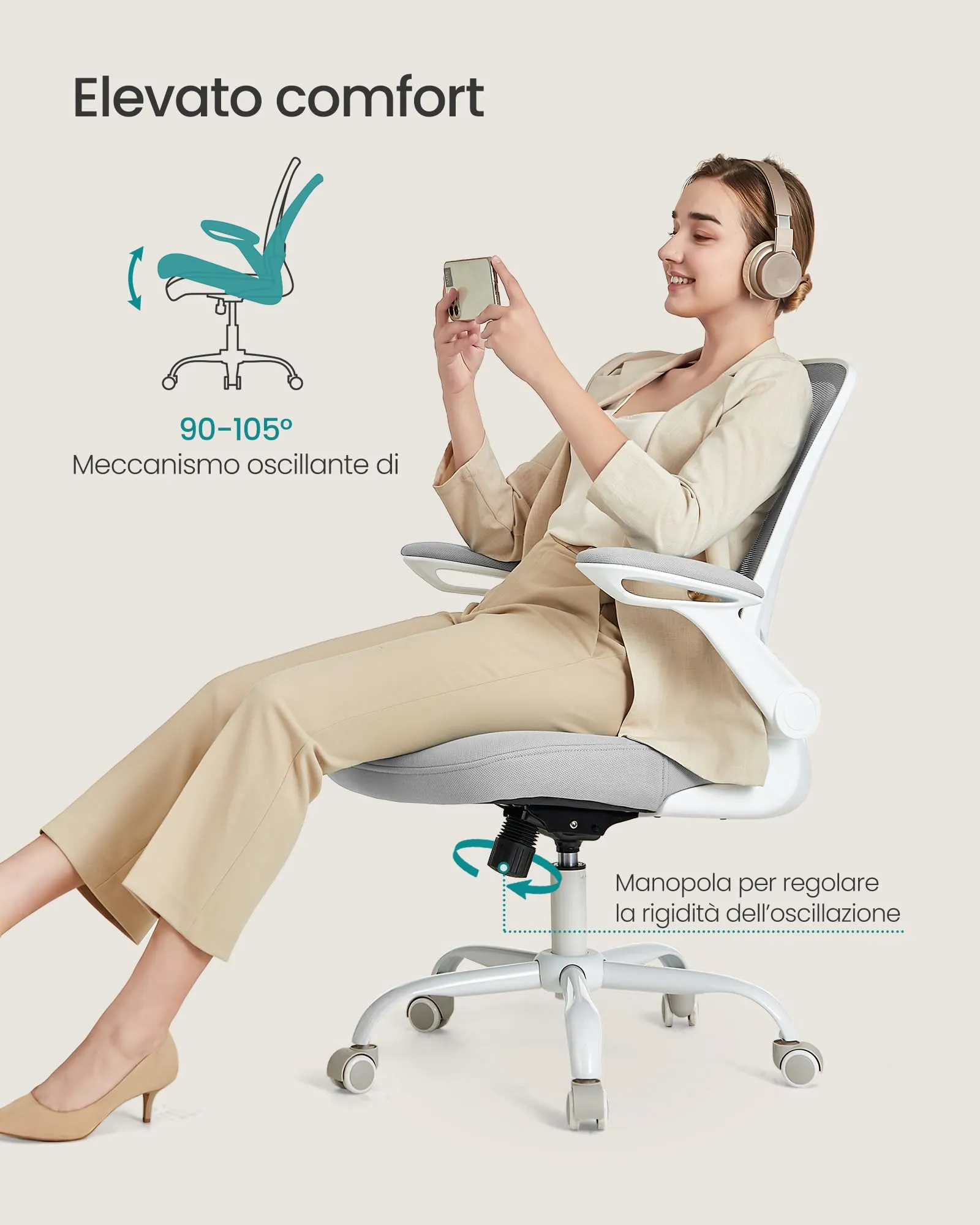 SONGMICS Sedia da Ufficio Girevole Ergonomica in Rete con Supporto Lombare, Braccioli Pieghevoli, Grigio Tortora OBN037G02 - immagine 4