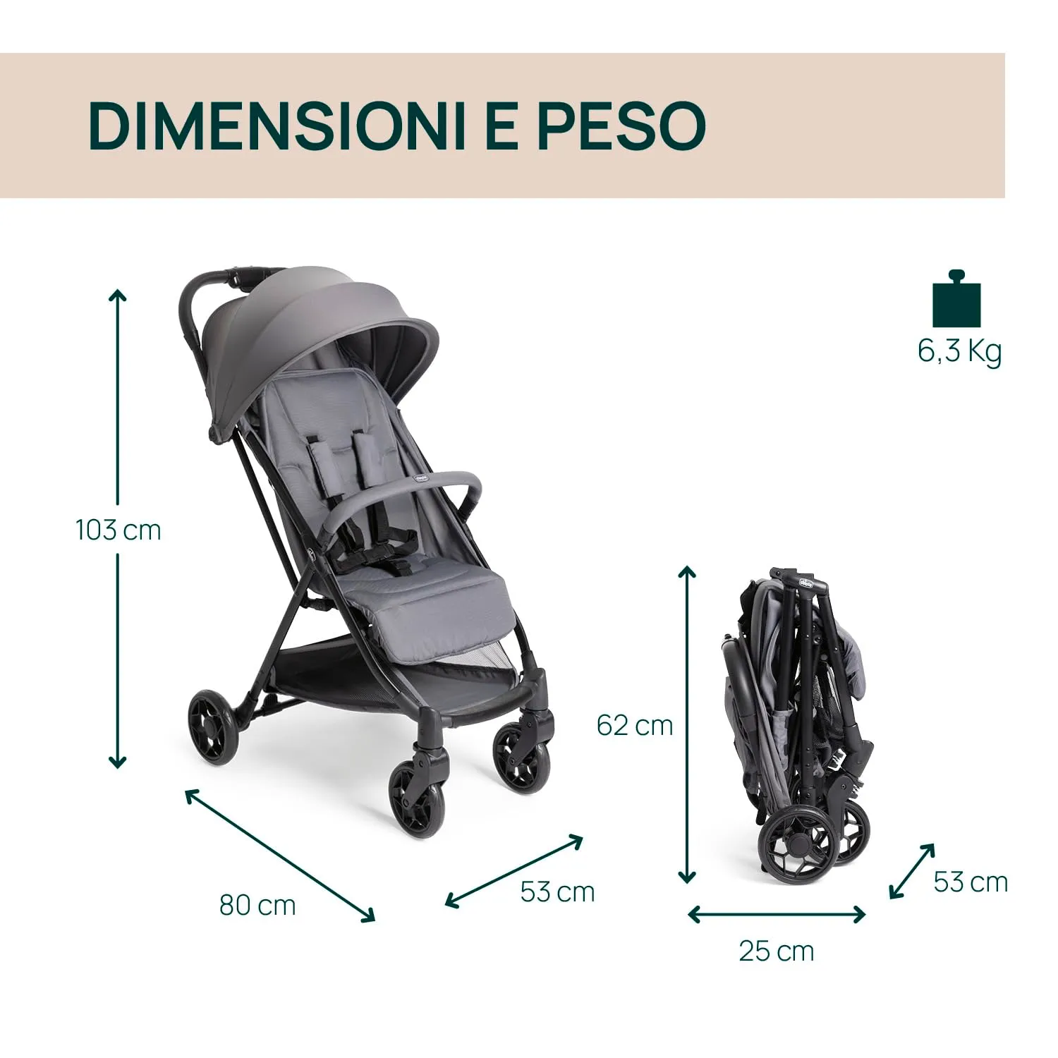 Chicco Urbino Passeggino 0-22 kg, Grigio - immagine 2