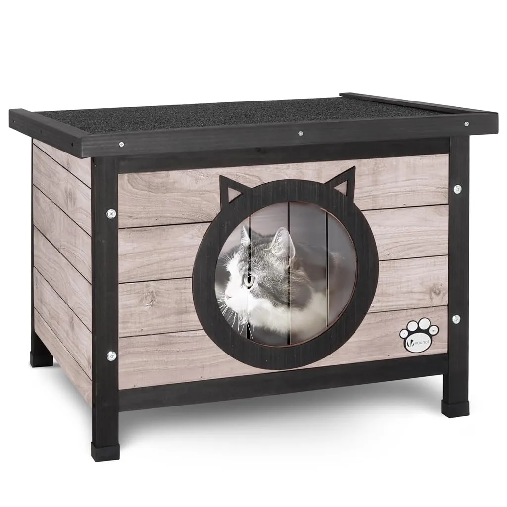 VOUNOT Casetta per Gatti in Legno con Porta Design Orecchie di Gatto, 57 x 45 x 43 cm, Grigio - immagine 1