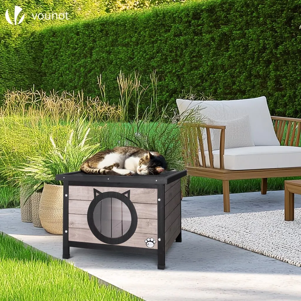 VOUNOT Casetta per Gatti in Legno con Porta Design Orecchie di Gatto, 57 x 45 x 43 cm, Grigio - immagine 2