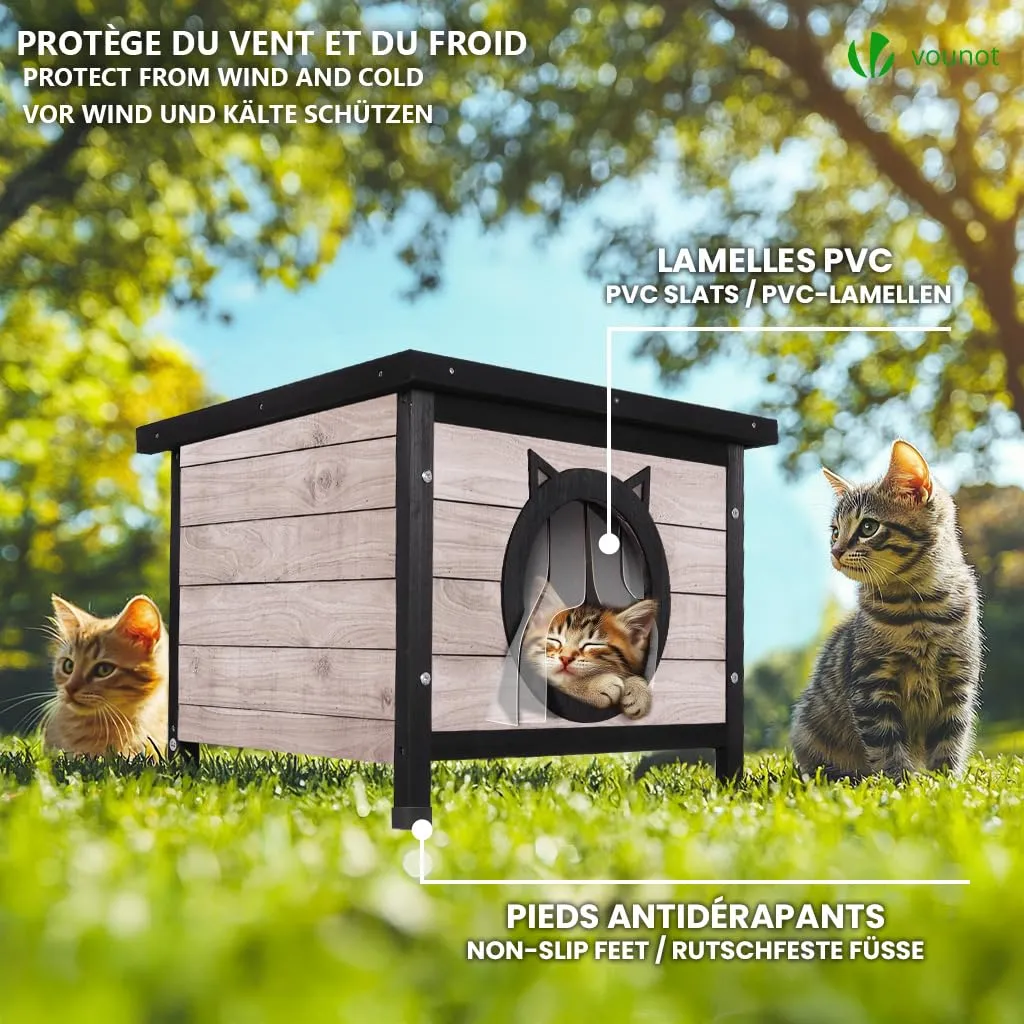 VOUNOT Casetta per Gatti in Legno con Porta Design Orecchie di Gatto, 57 x 45 x 43 cm, Grigio - immagine 3