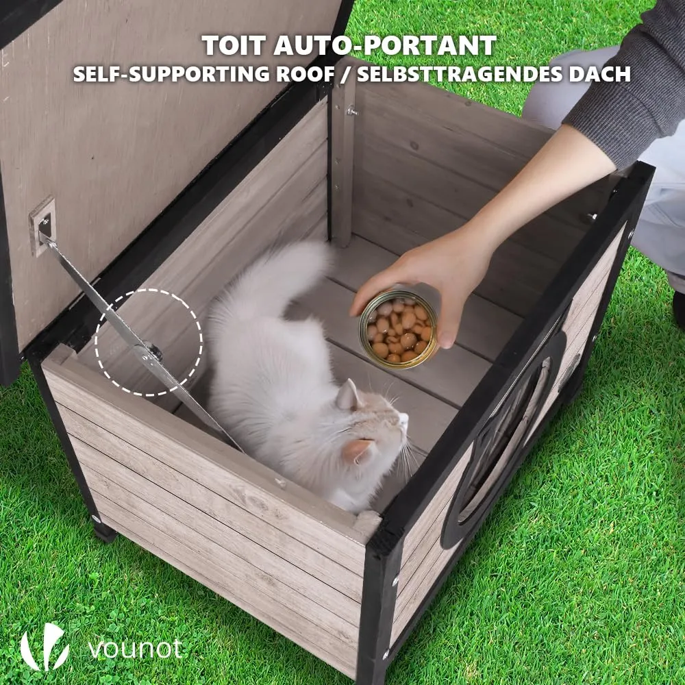 VOUNOT Casetta per Gatti in Legno con Porta Design Orecchie di Gatto, 57 x 45 x 43 cm, Grigio - immagine 6