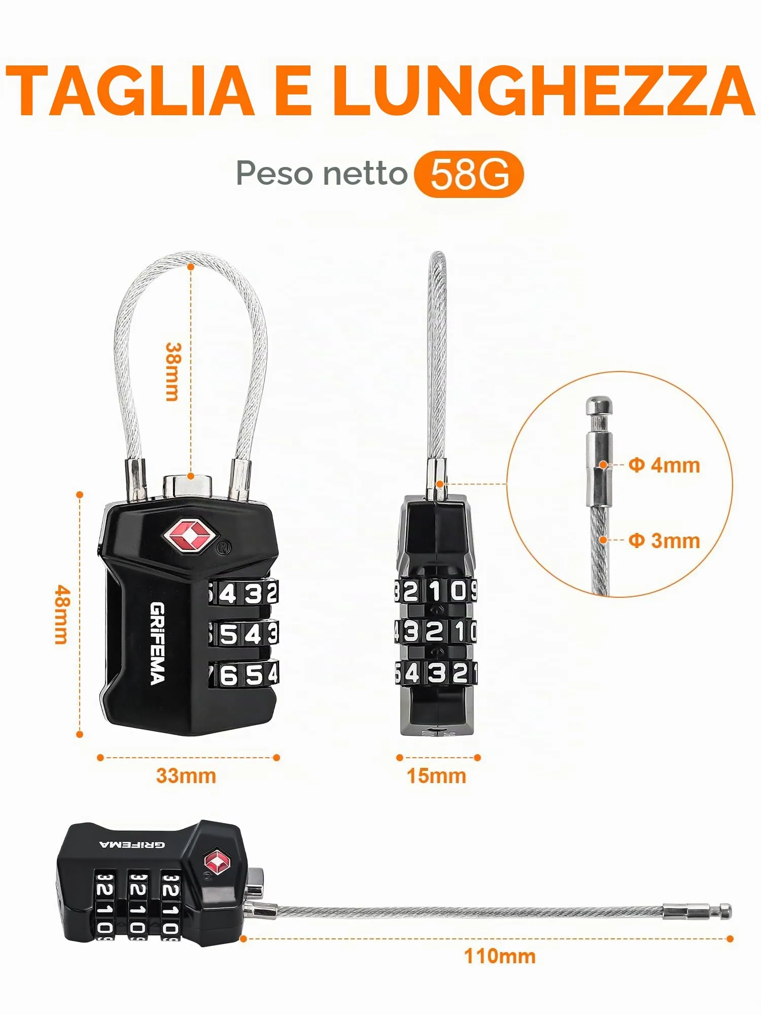 Grifema GA1006-2 Lucchetto TSA Combinazione 3 Cifre, 2 Pezzi per Valigie - immagine 8