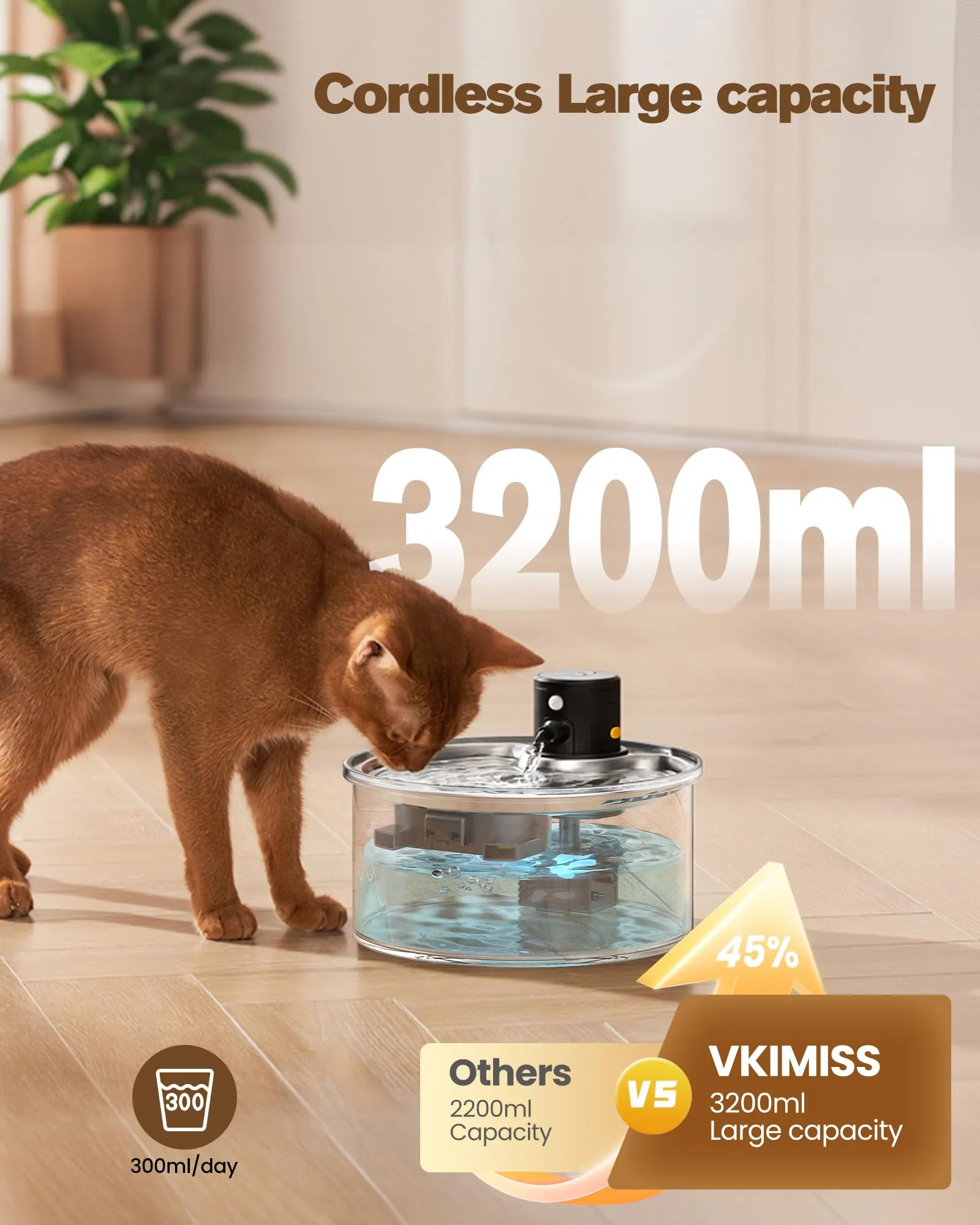 VKIMISS Fontanella per Gatti senza Fili, 3.2L con Sensore di Movimento, Batteria 4000mAh, Vassoio in Acciaio Inossidabile - immagine 4