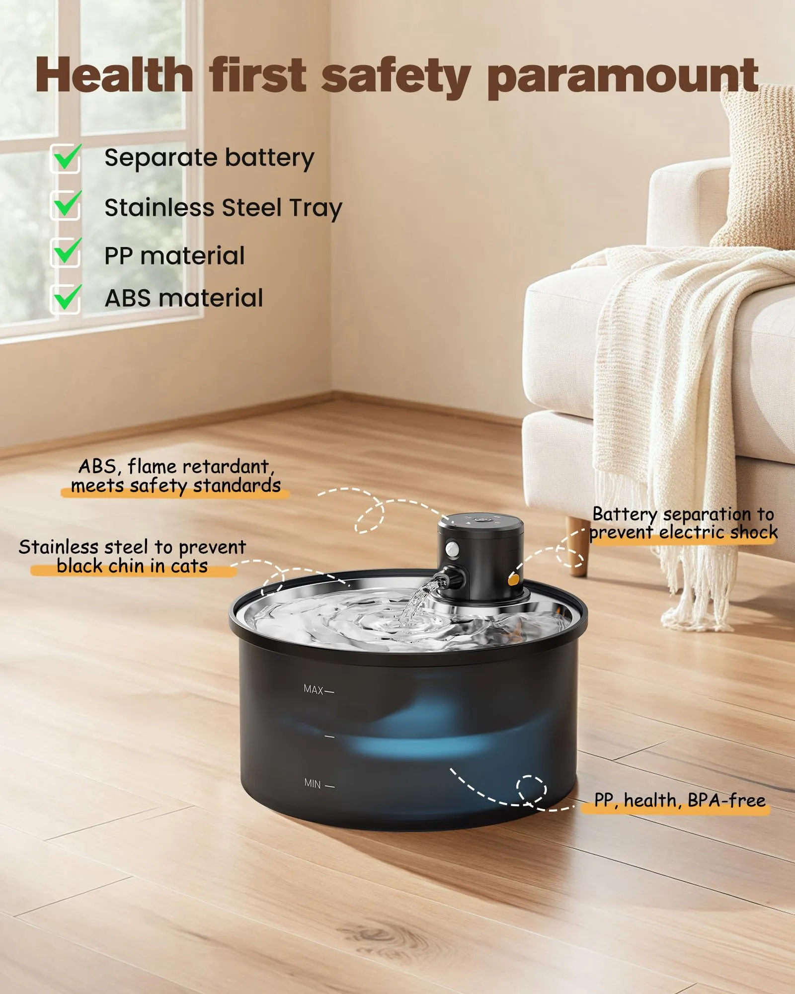 VKIMISS Fontanella per Gatti senza Fili, 3.2L con Sensore di Movimento, Batteria 4000mAh, Vassoio in Acciaio Inossidabile - immagine 9