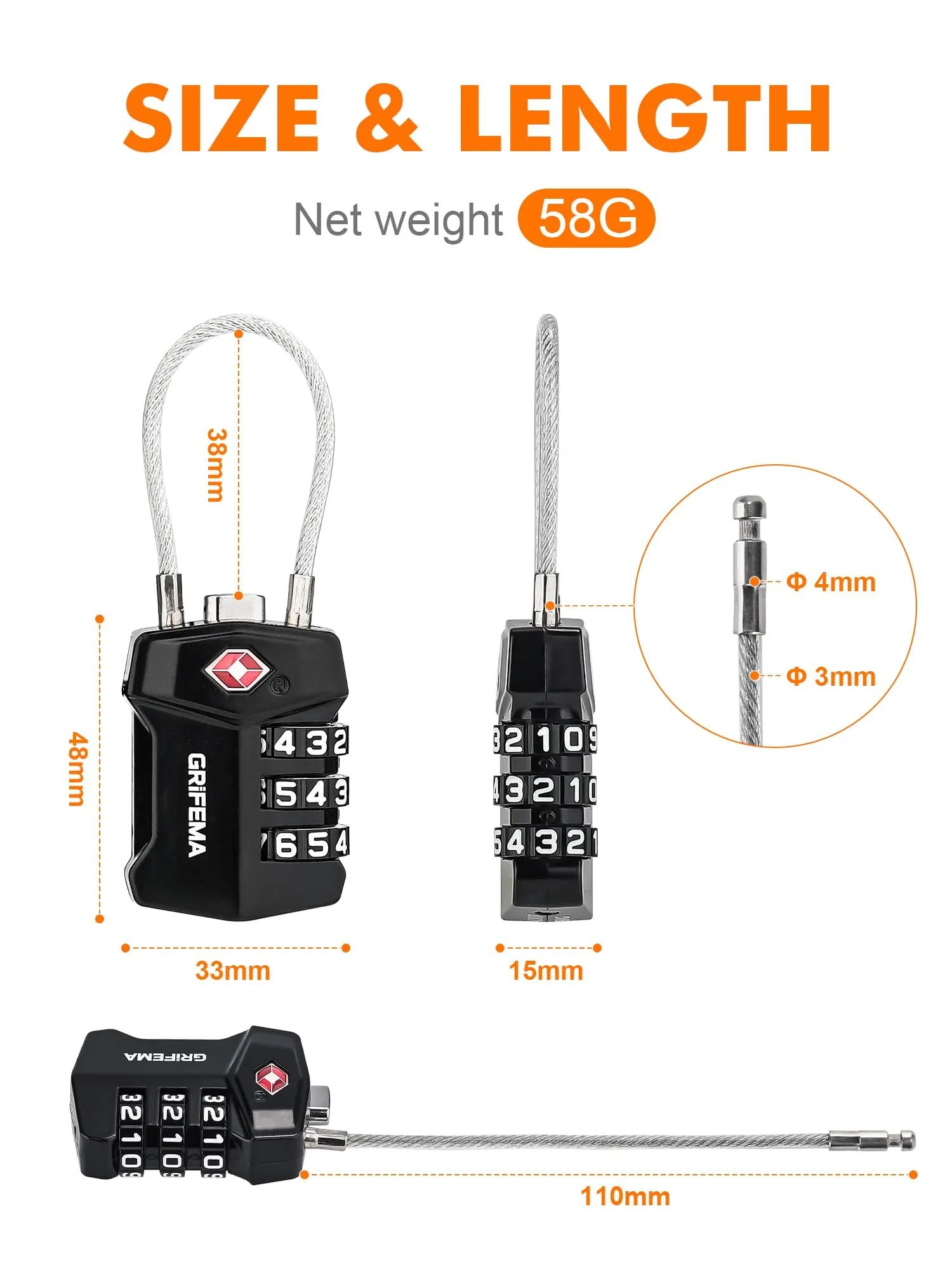 GRIFEMA GA1006 Lucchetto TSA Combinazione 3 Cifre per Valigie da Viaggio - immagine 8