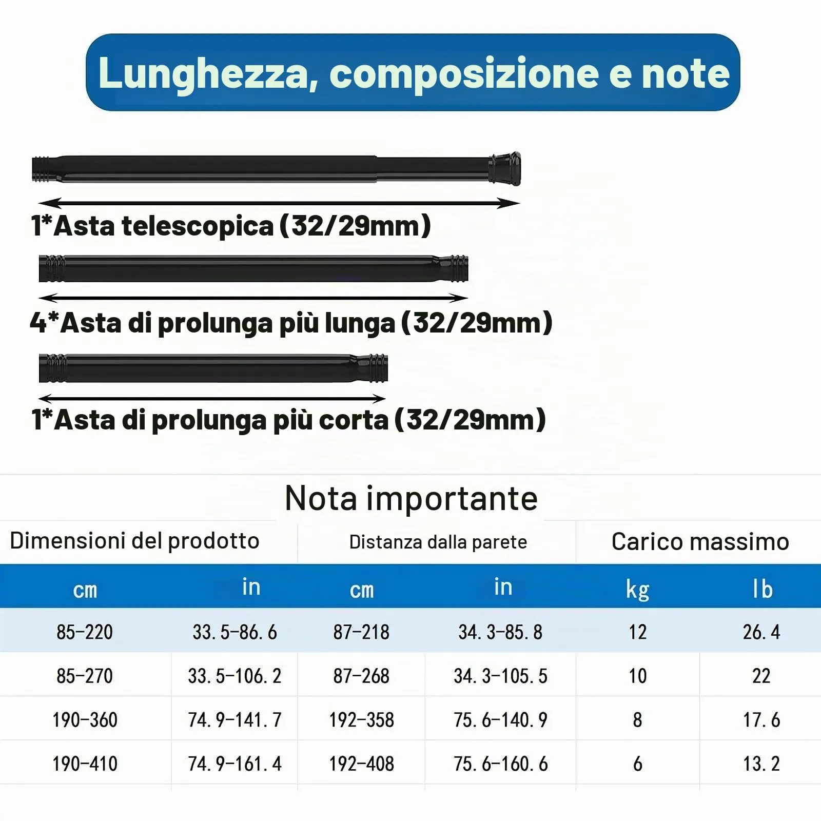 Aiitomg Asta per Tenda da Doccia Telescopica, 85-230 cm (Φ32 mm), Nero - immagine 2