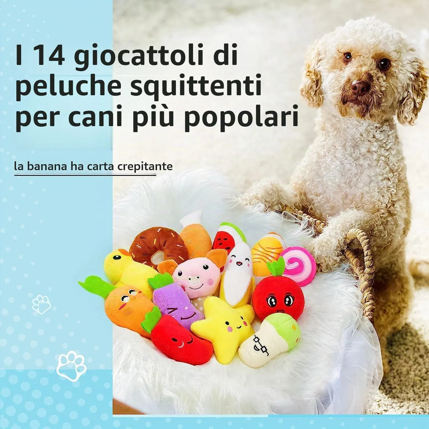 LEGEND SANDY Set di 14 giocattoli di peluche cigolanti a tema frutta e verdura per cani di piccola e media taglia - immagine 5