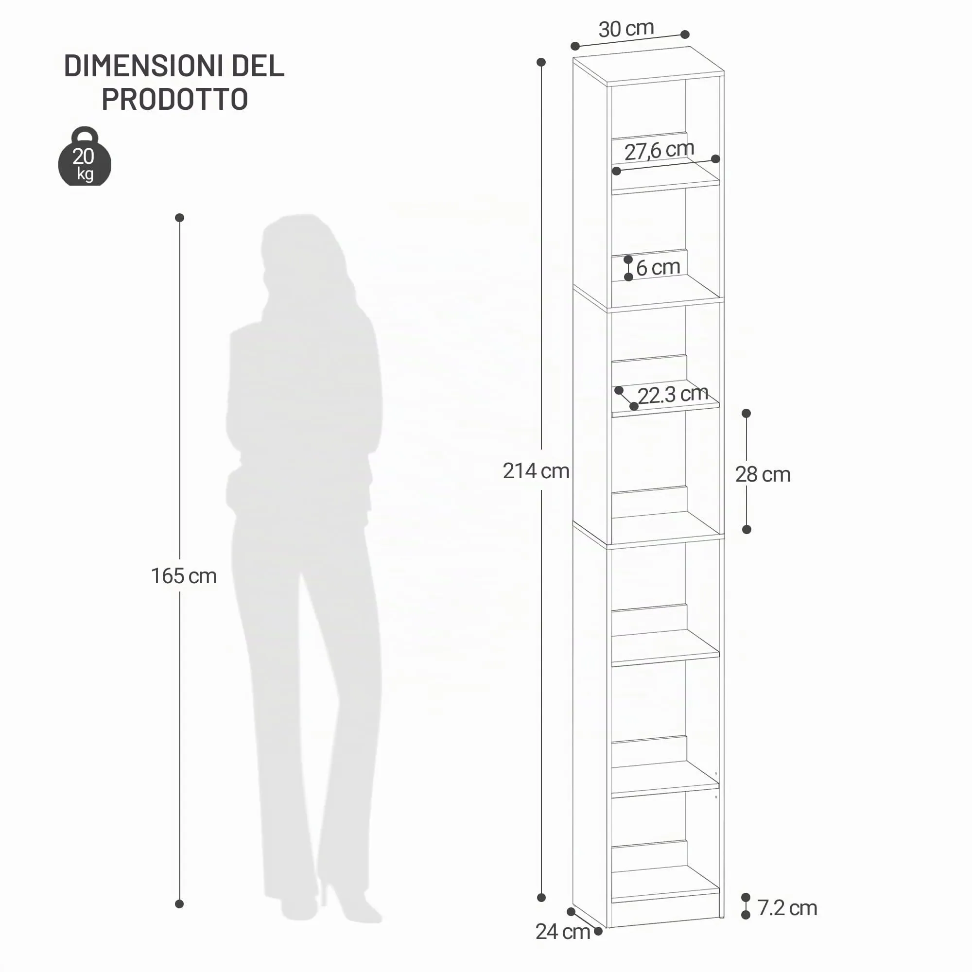Hzuaneri Libreria a 7 Ripiani, 24 x 30 x 214 cm, Bianco - immagine 2