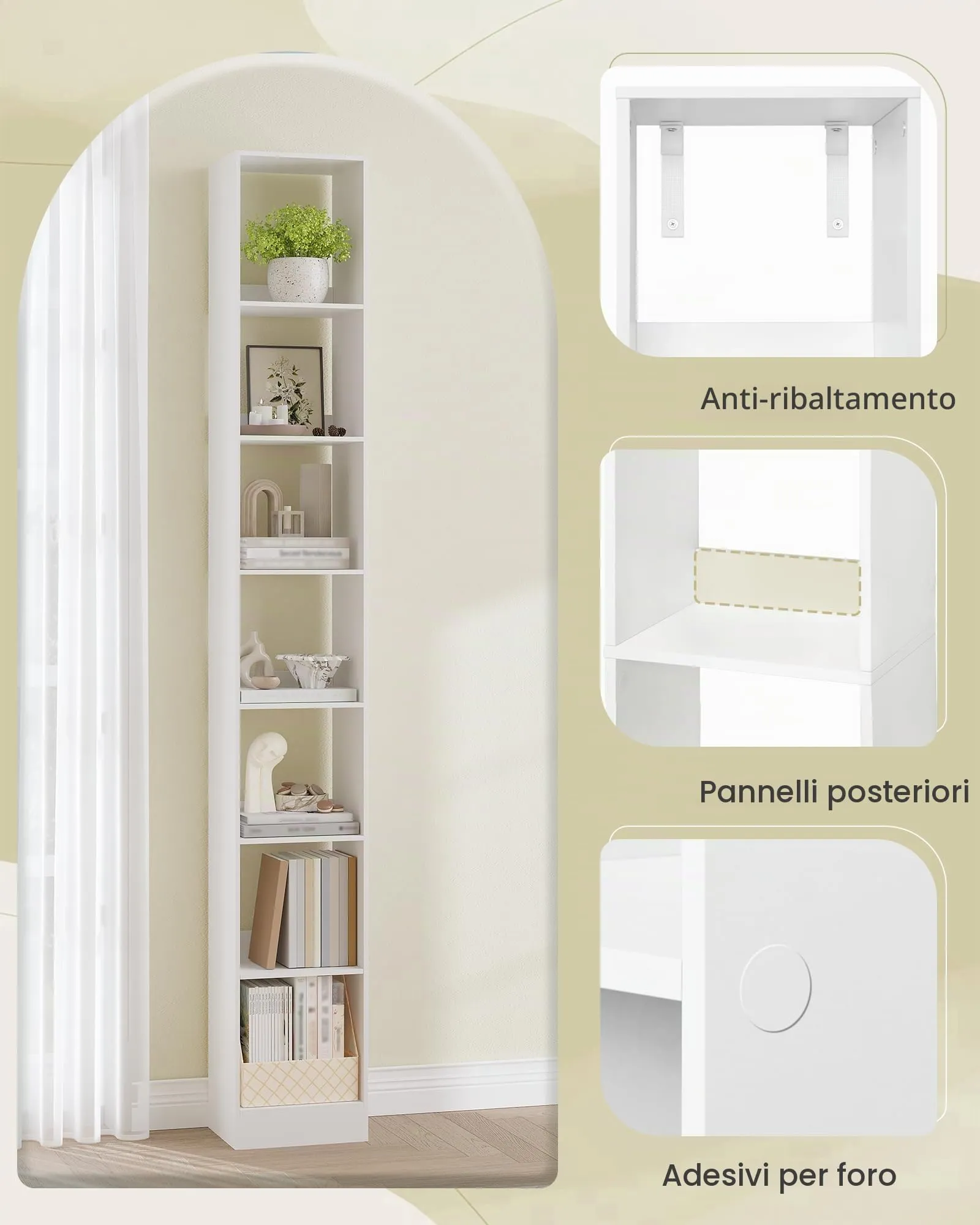 Hzuaneri Libreria a 7 Ripiani, 24 x 30 x 214 cm, Bianco - immagine 7