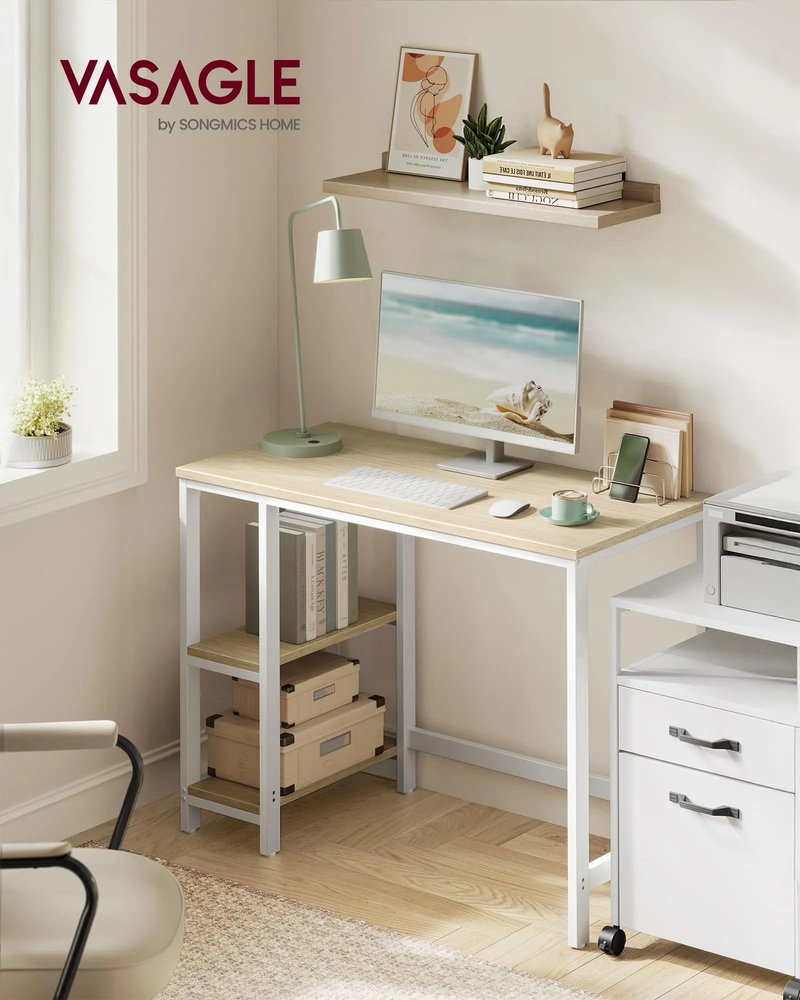 VASAGLE Scrivania per Computer, 100 x 50 x 76 cm, Beige Naturale e Bianco Perla, LWD046L01 - immagine 2