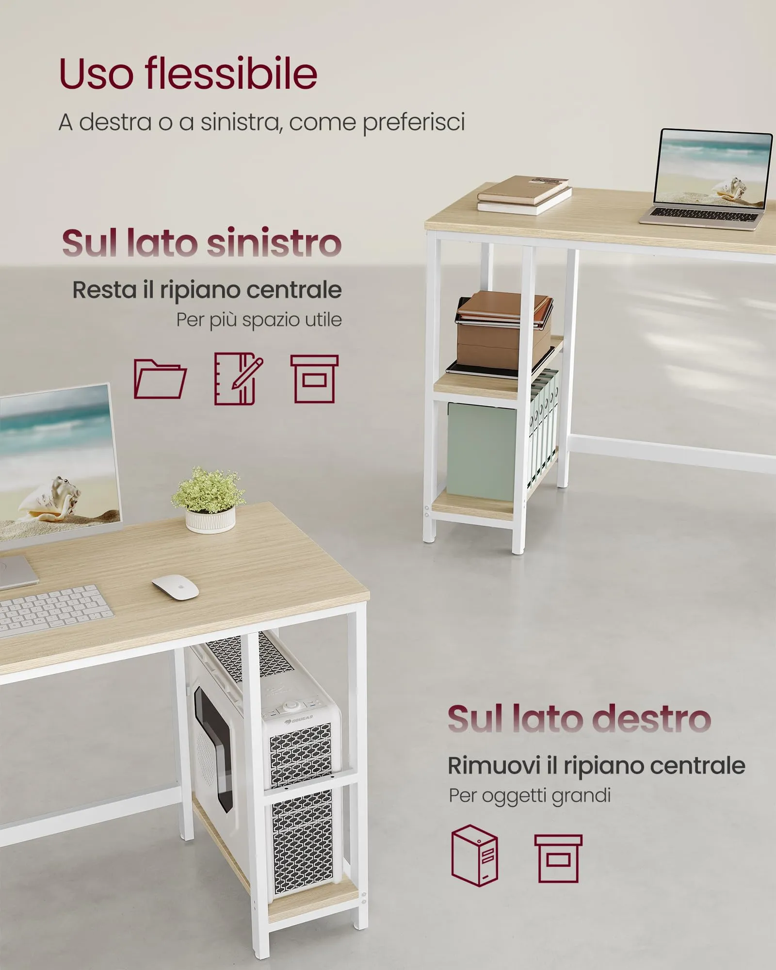 VASAGLE Scrivania per Computer, 100 x 50 x 76 cm, Beige Naturale e Bianco Perla, LWD046L01 - immagine 3