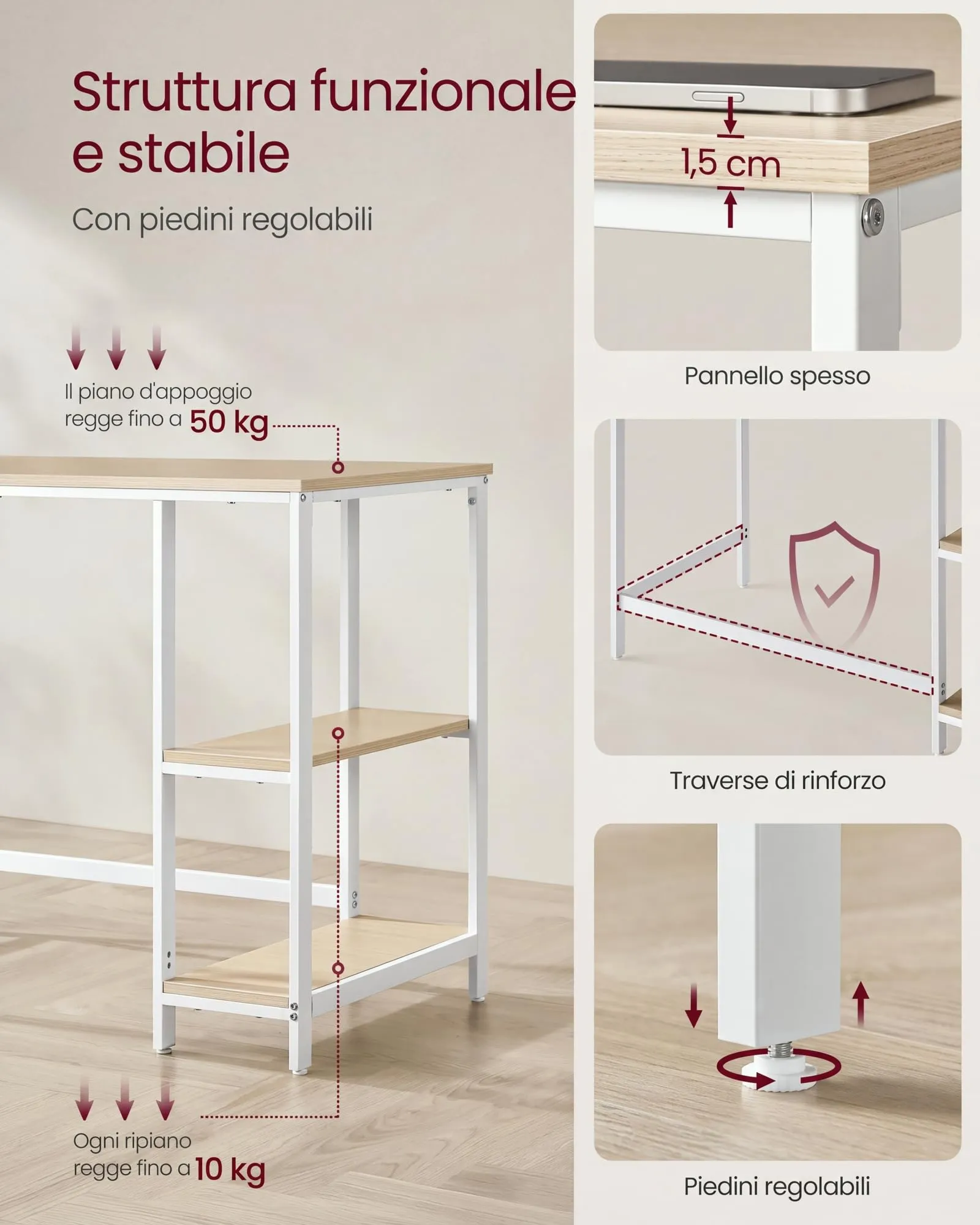 VASAGLE Scrivania per Computer, 100 x 50 x 76 cm, Beige Naturale e Bianco Perla, LWD046L01 - immagine 4