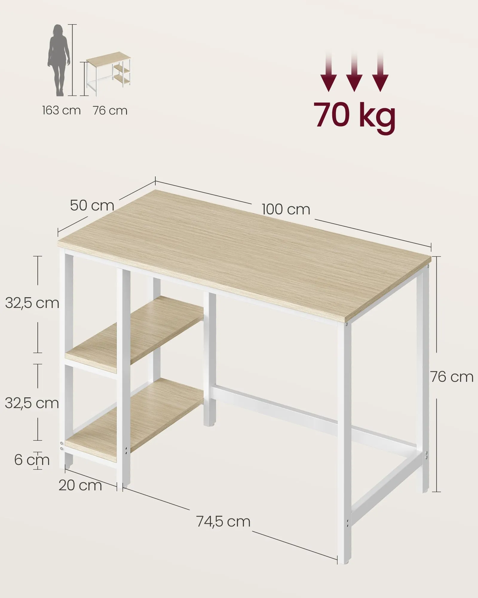 VASAGLE Scrivania per Computer, 100 x 50 x 76 cm, Beige Naturale e Bianco Perla, LWD046L01 - immagine 5