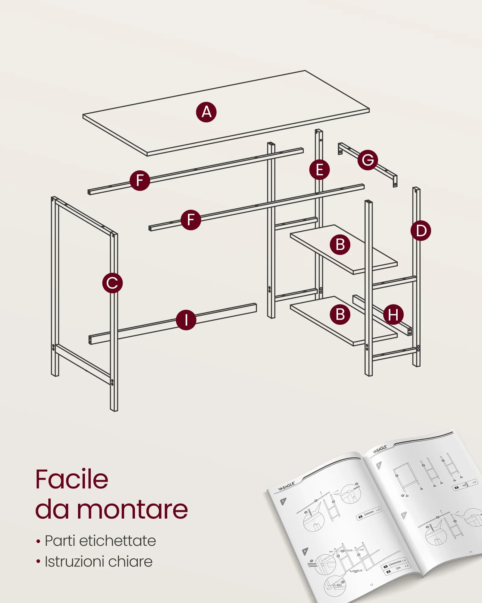 VASAGLE Scrivania per Computer, 100 x 50 x 76 cm, Beige Naturale e Bianco Perla, LWD046L01 - immagine 6