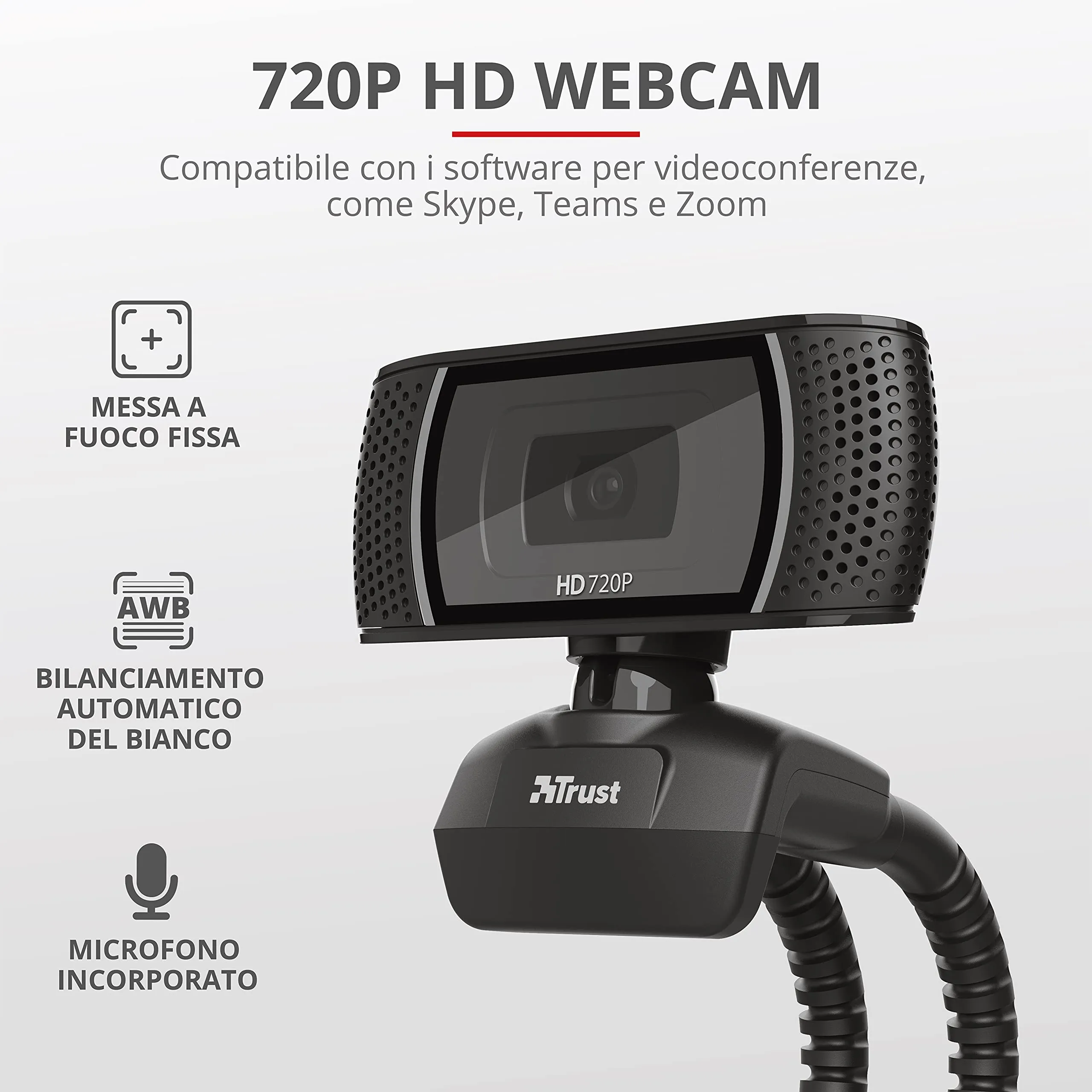 Trust Trino Webcam HD con Microfono Incorporato, 1280 x 720, USB 2.0 - Nero - immagine 2