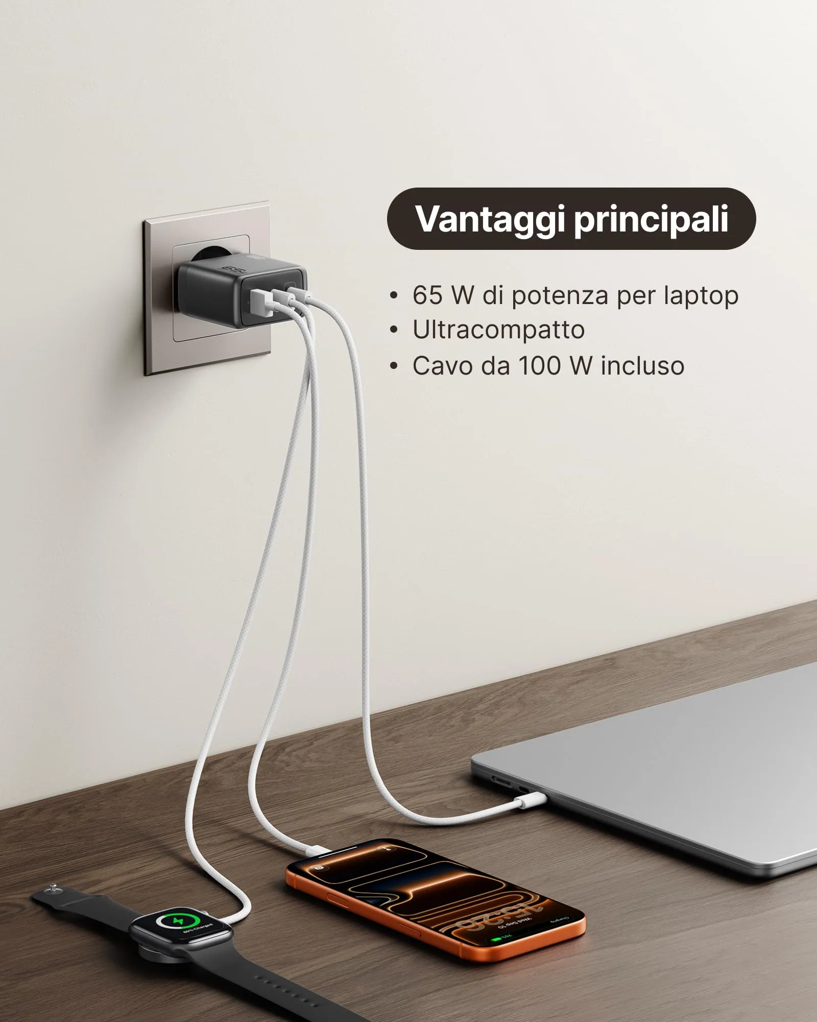 INIU Caricatore USB C 65W, 3 Porte, con Cavo 1.5m - immagine 2