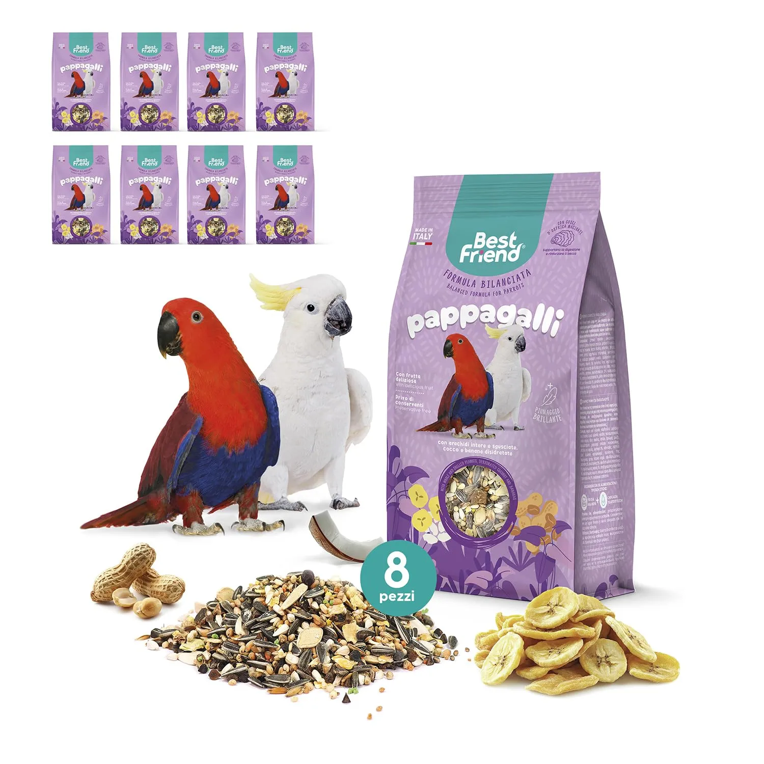 Best Friend Mangime Completo per Pappagalli con Arachidi, Cocco e Banane Disidratate, 4 kg (8 x 500g) - immagine 1