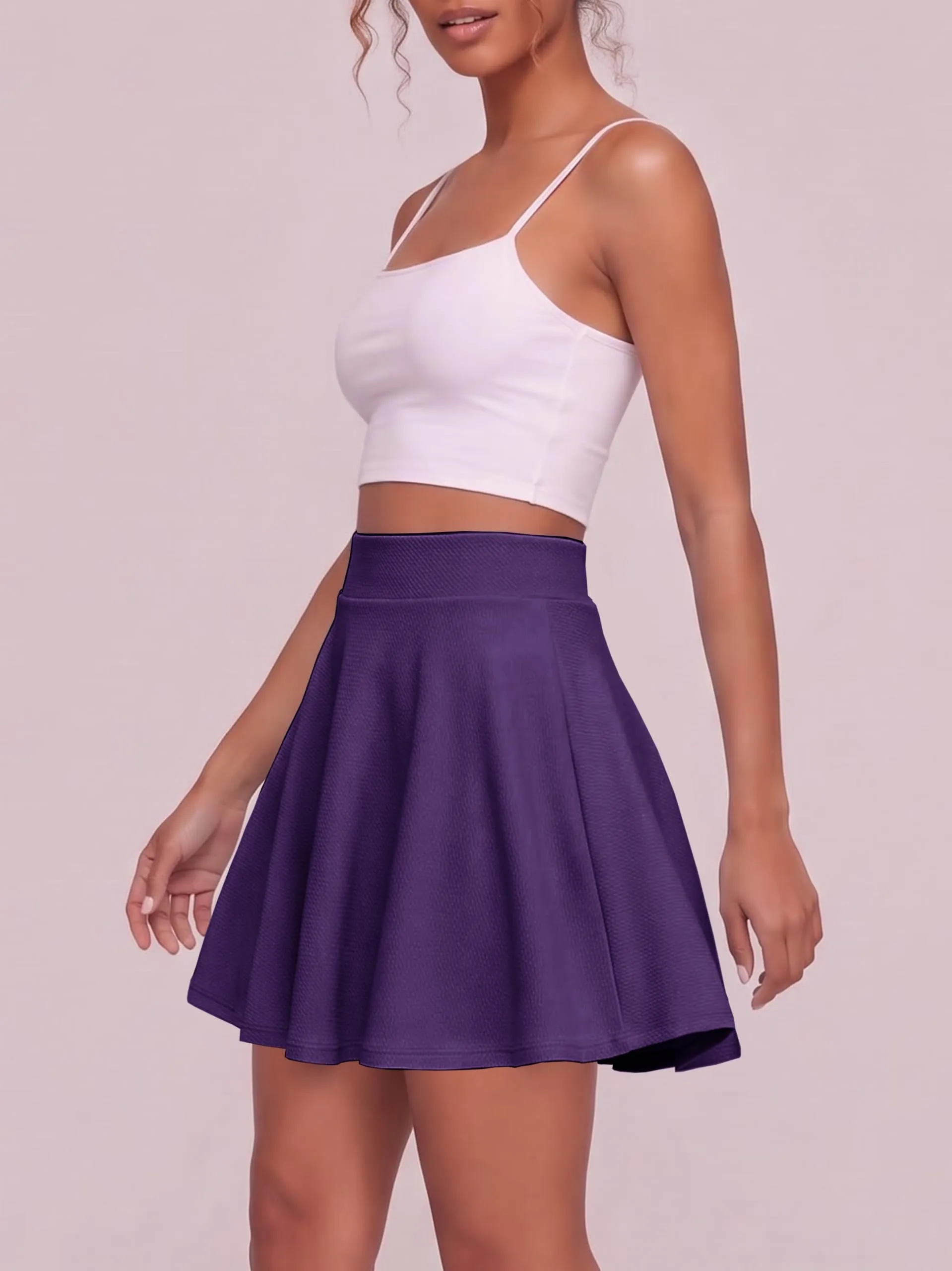 EXCHIC Gonna Mini A-Linea Svasata con Vita Elastica (M, Viola Profondo) - immagine 5