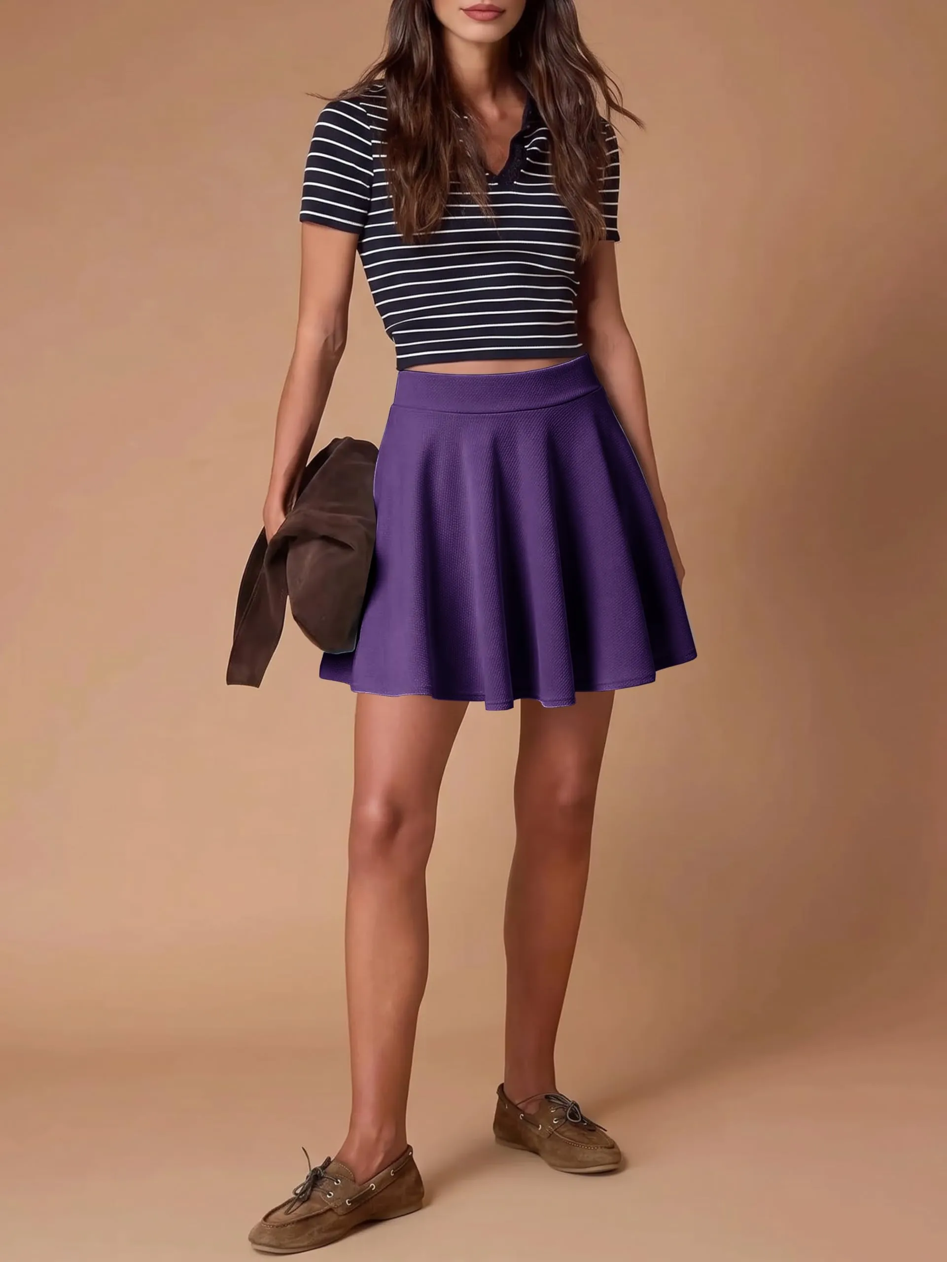 EXCHIC Gonna Mini A-Linea Svasata con Vita Elastica (M, Viola Profondo) - immagine 7