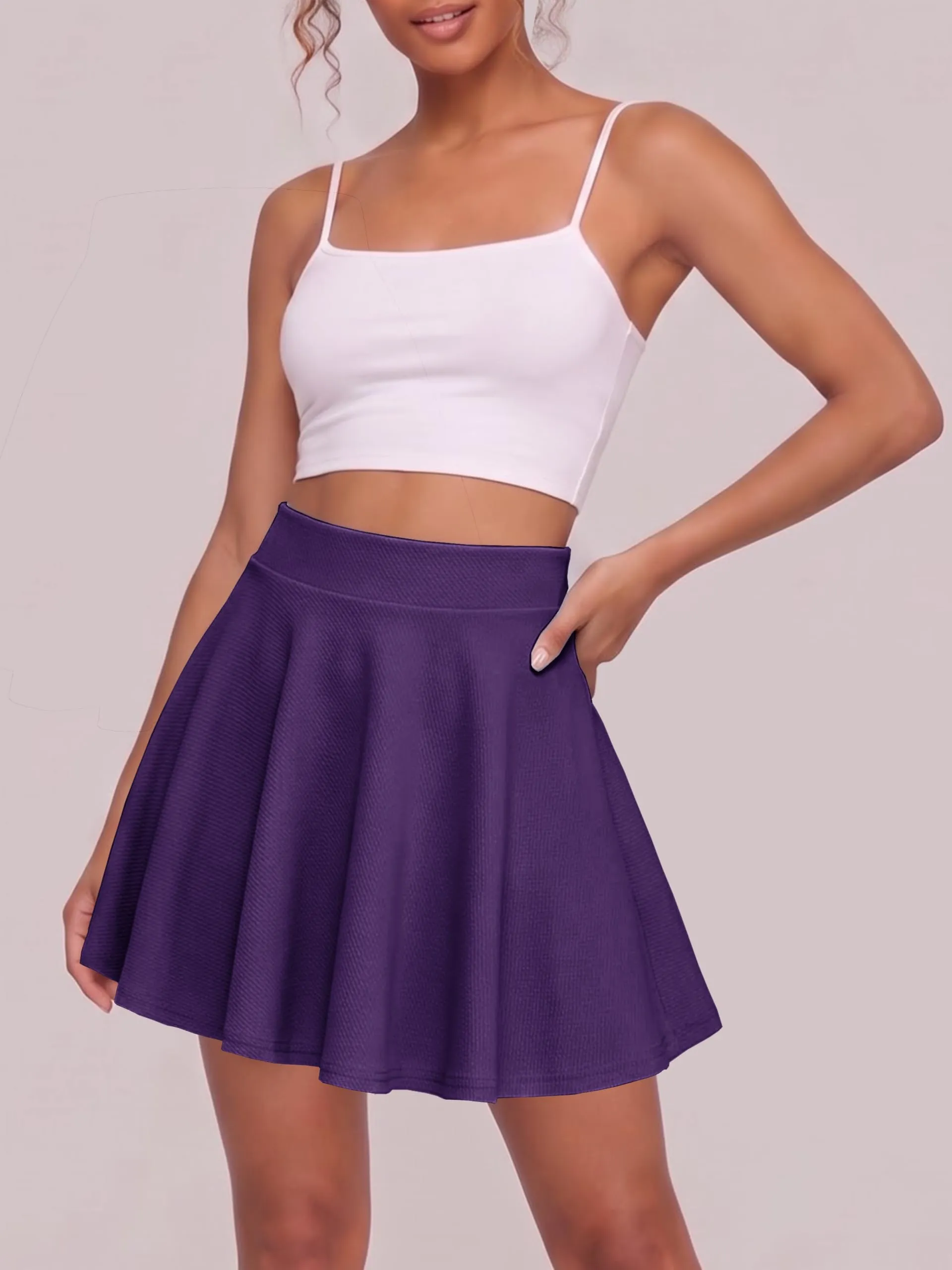 EXCHIC Donna Mini Gonna A-Linea Vita Elastica (S, Viola Profondo) - immagine 3