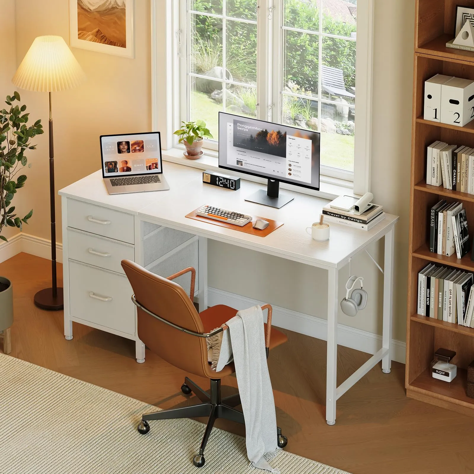 Coleshome Scrivania con 3 Cassetti Reversibile e Gancio Cuffie, 120x48cm - immagine 2
