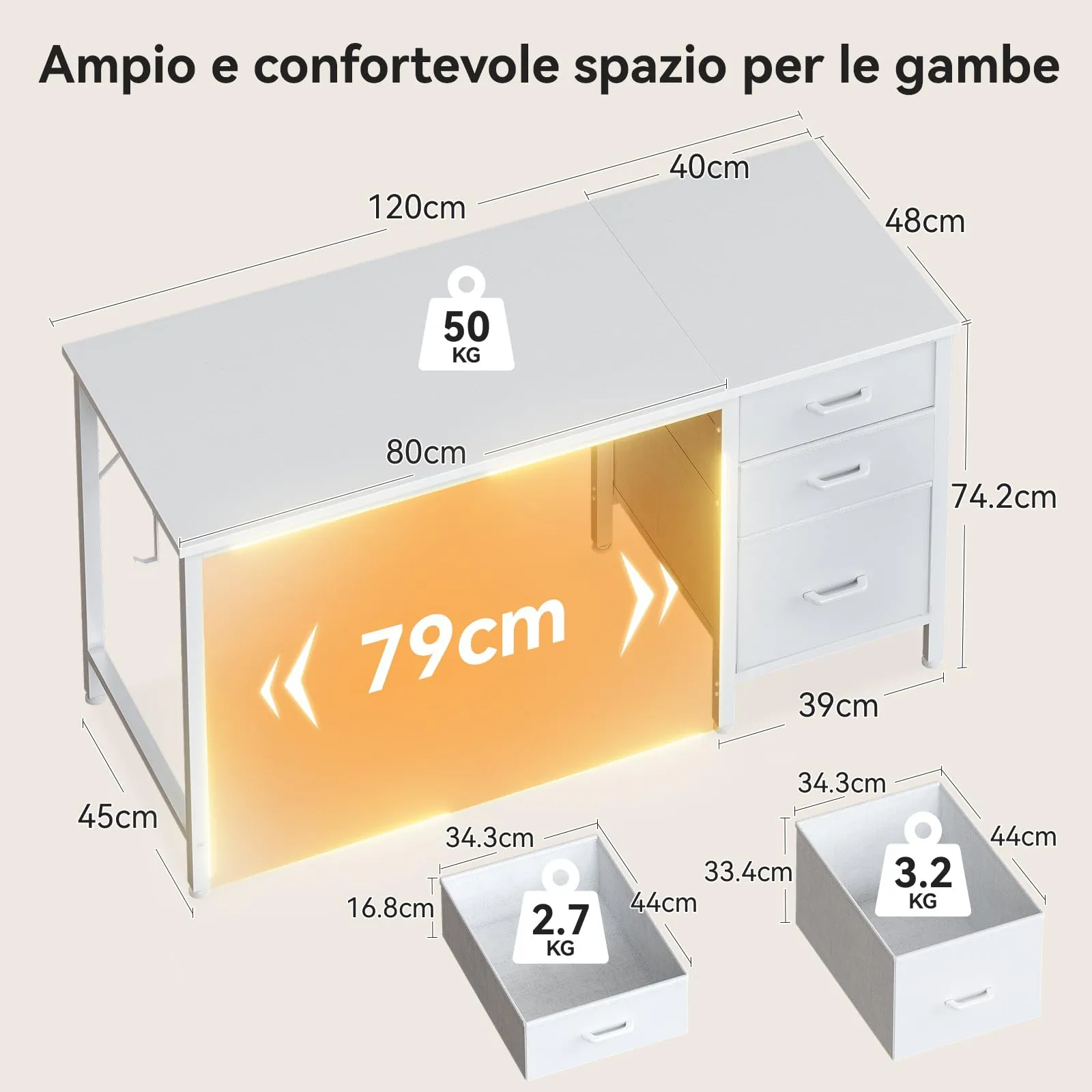 Coleshome Scrivania con 3 Cassetti Reversibile e Gancio Cuffie, 120x48cm - immagine 3