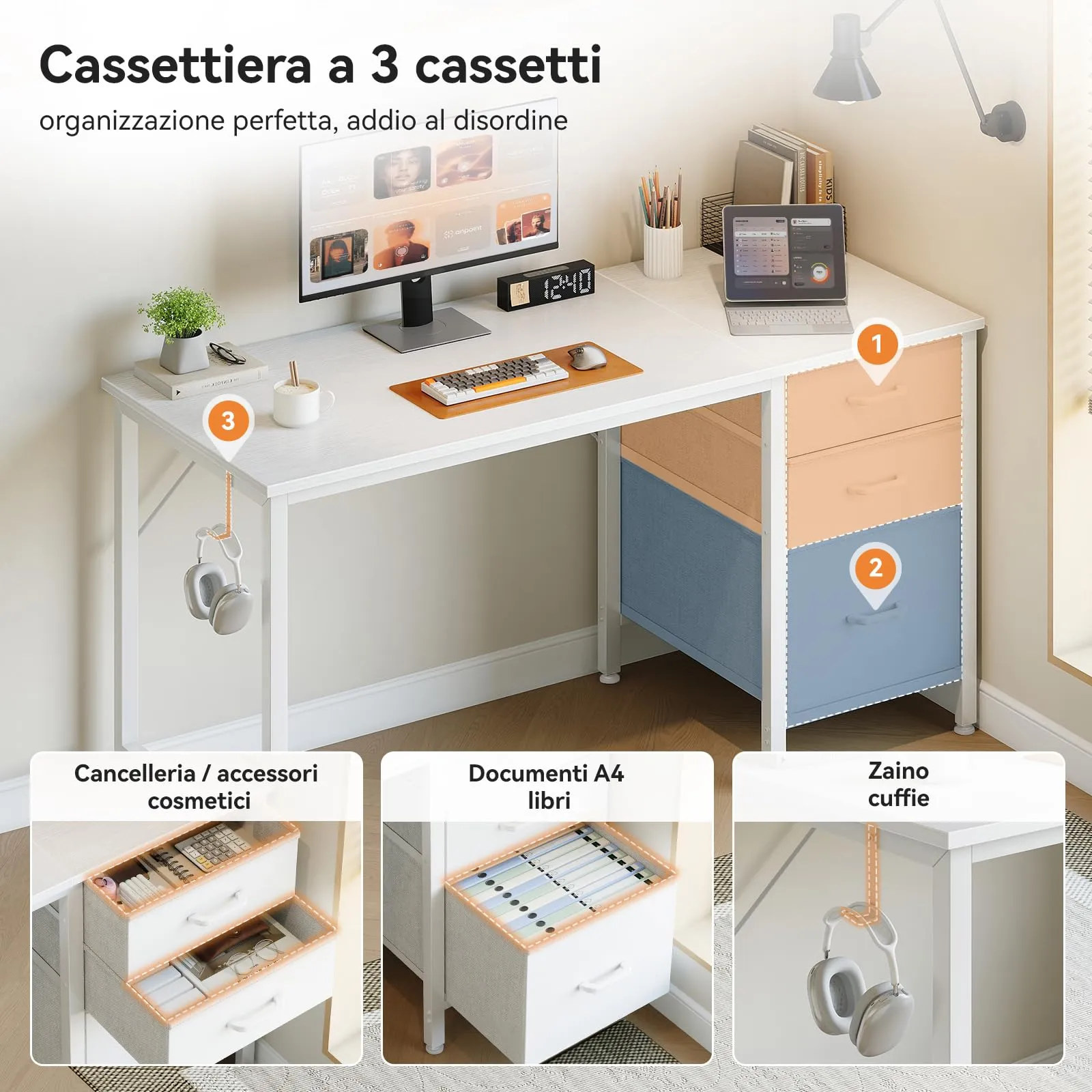 Coleshome Scrivania con 3 Cassetti Reversibile e Gancio Cuffie, 120x48cm - immagine 4
